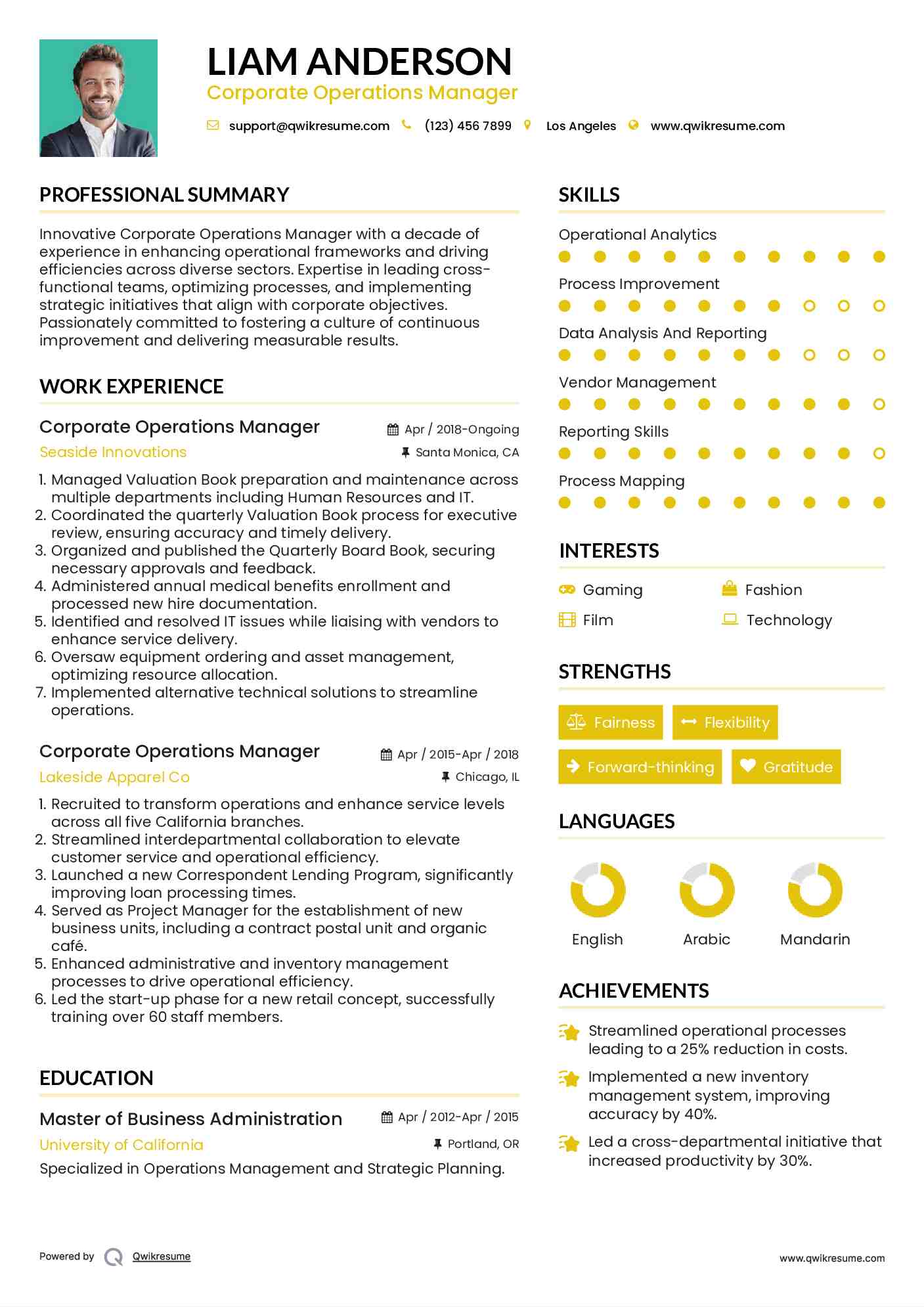 Corporate Operations Manager Resume Sample