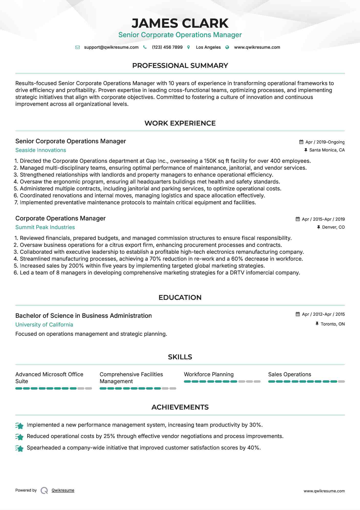 Senior Corporate Operations Manager  Resume Example