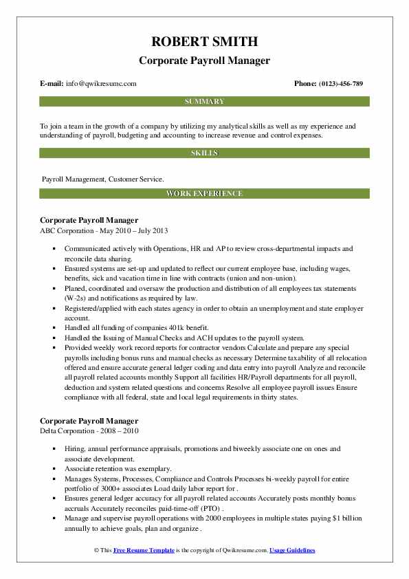 Corporate Payroll Manager Resume - Corporate Payroll Manager 1619063750 Pdf 