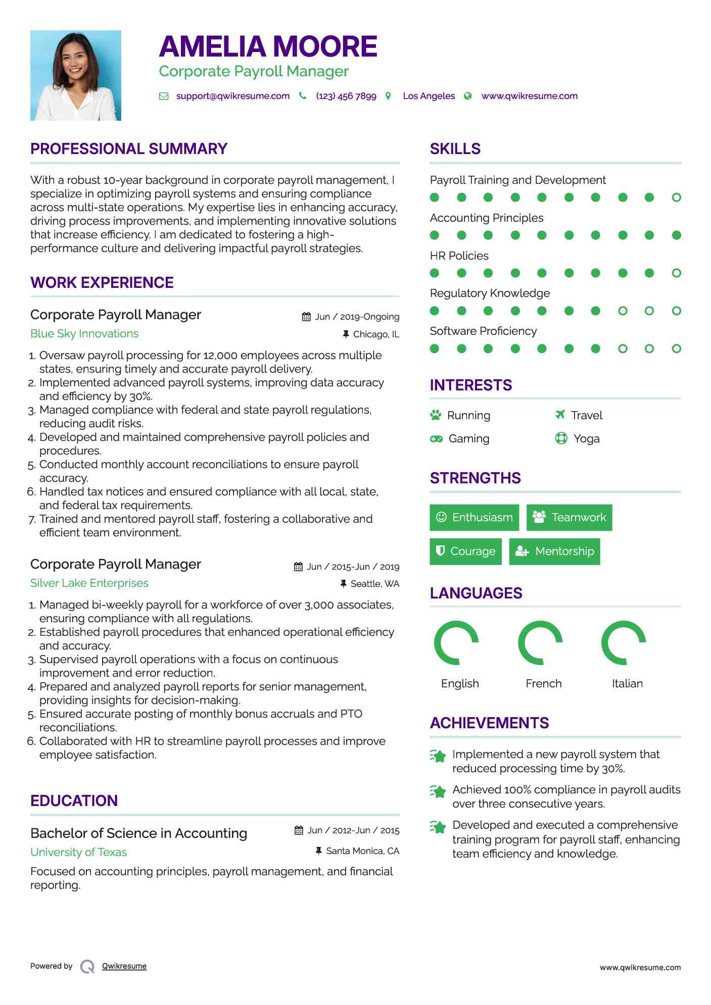 Corporate Payroll Manager Resume Sample