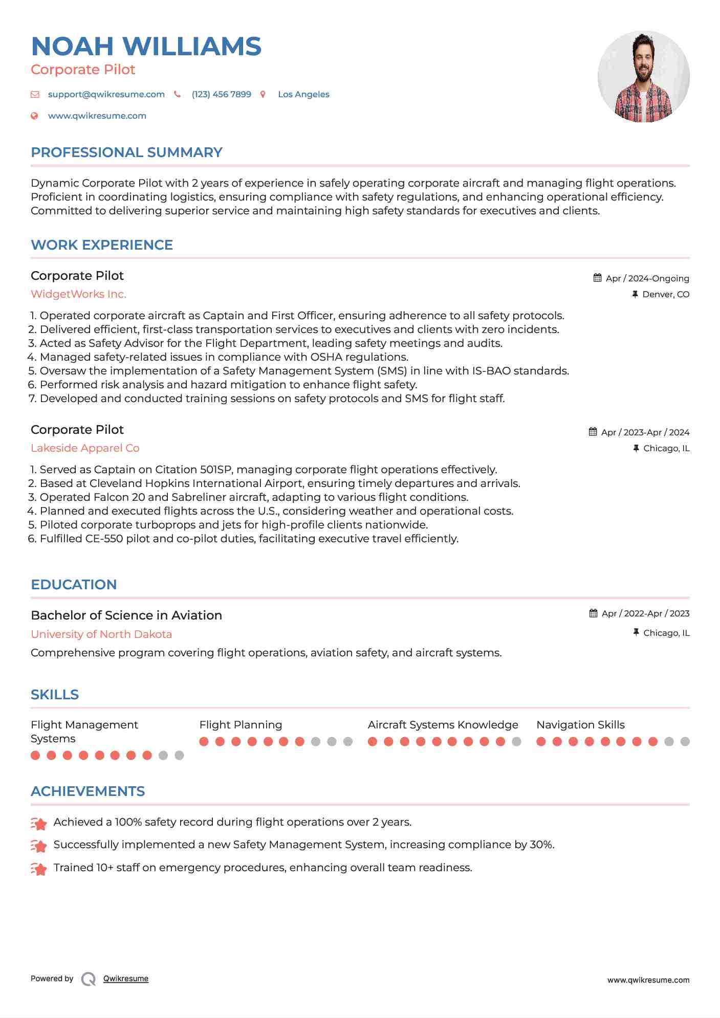 Corporate Pilot Resume Sample