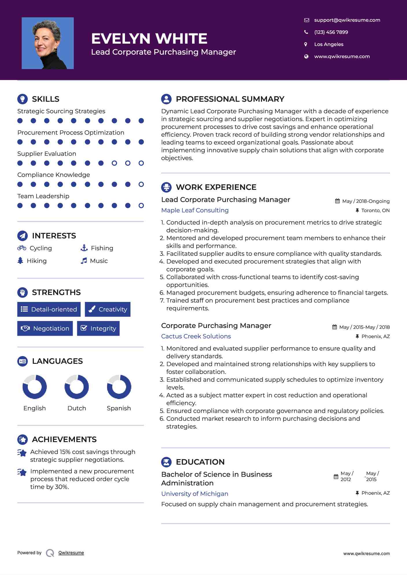 Lead Corporate Purchasing Manager Resume Example