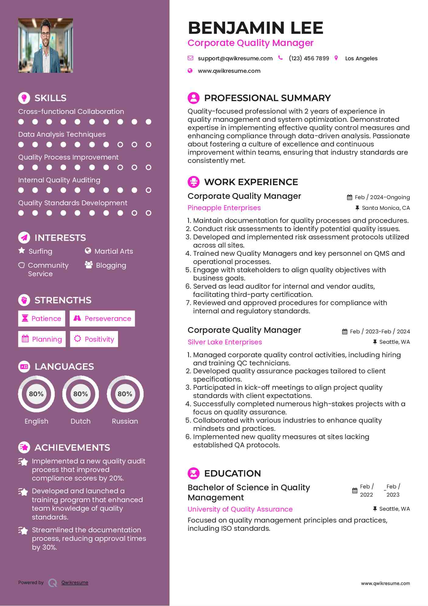 Corporate Quality Manager Resume Template
