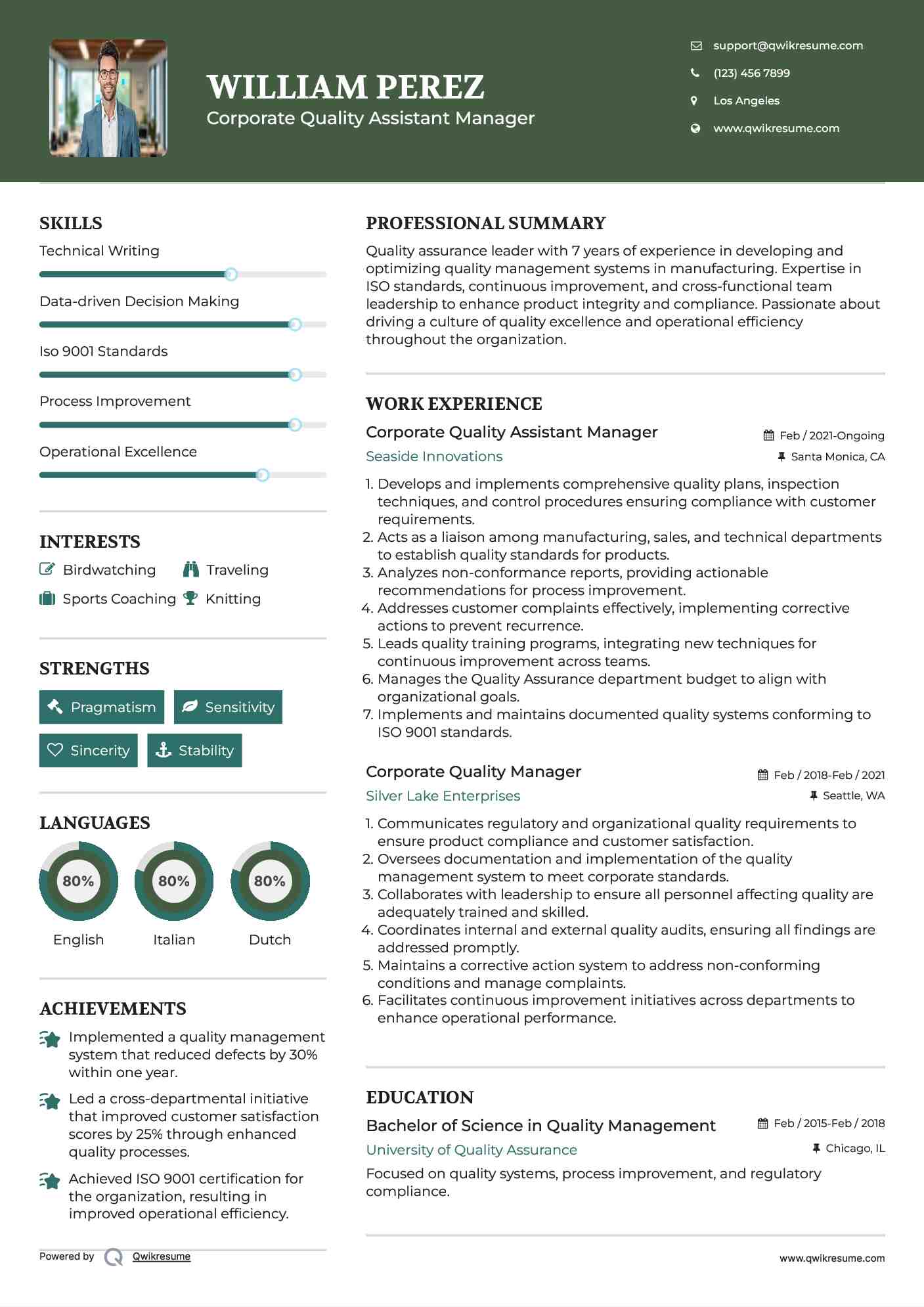 Corporate Quality Assistant Manager Resume Template