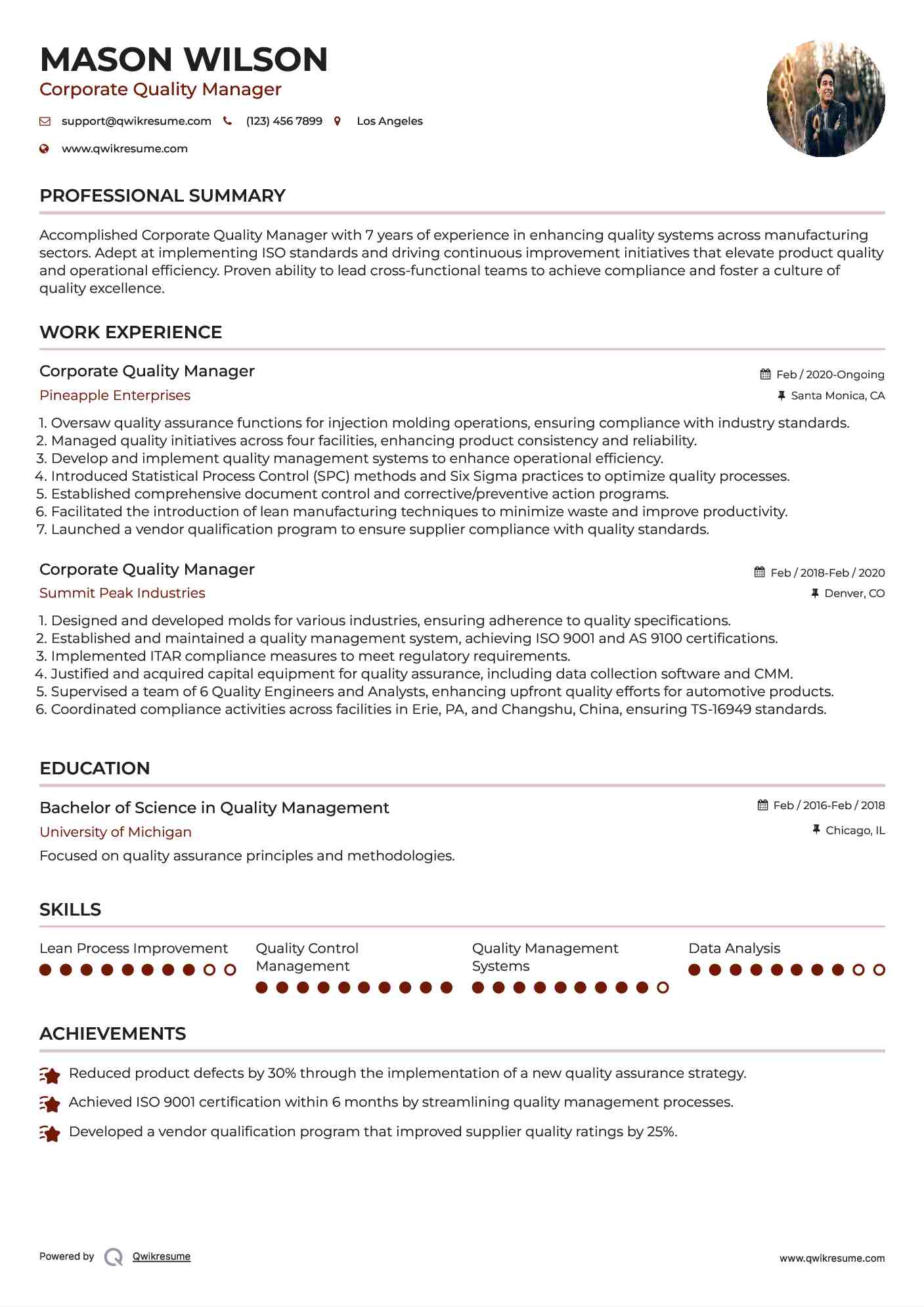 Corporate Quality Manager Resume Example