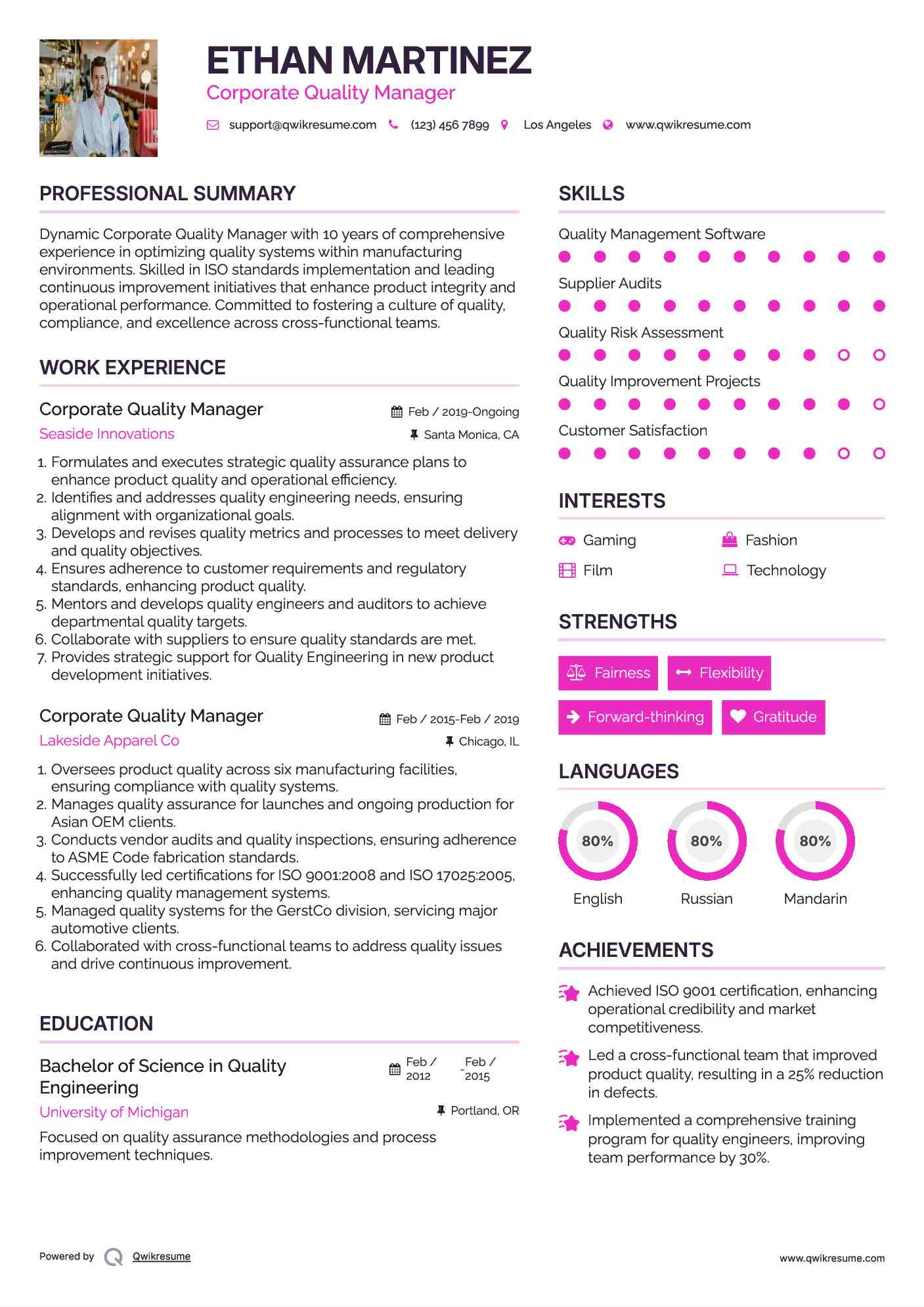 Corporate Quality Manager Resume Example