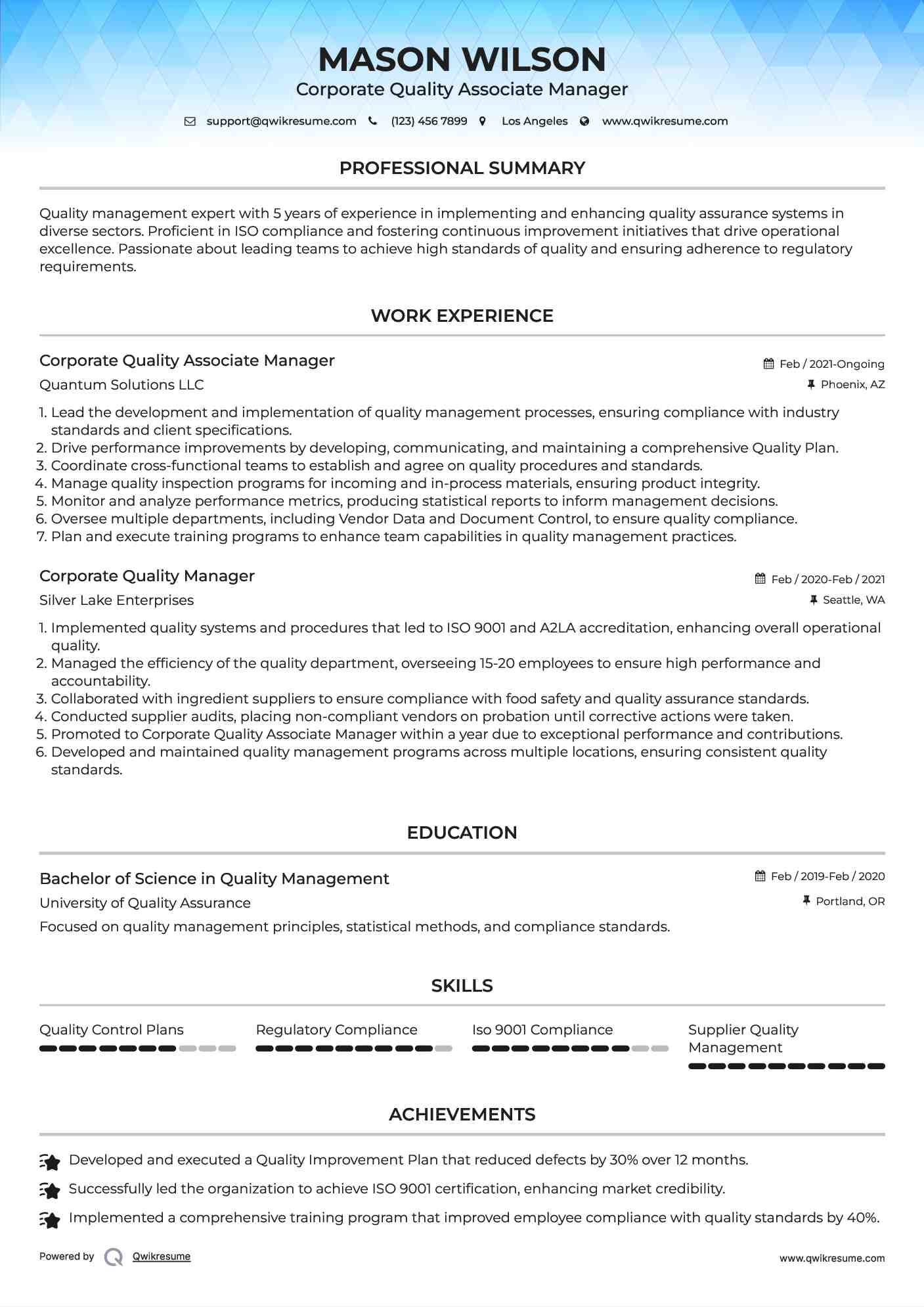 Corporate Quality Associate Manager  Resume Model