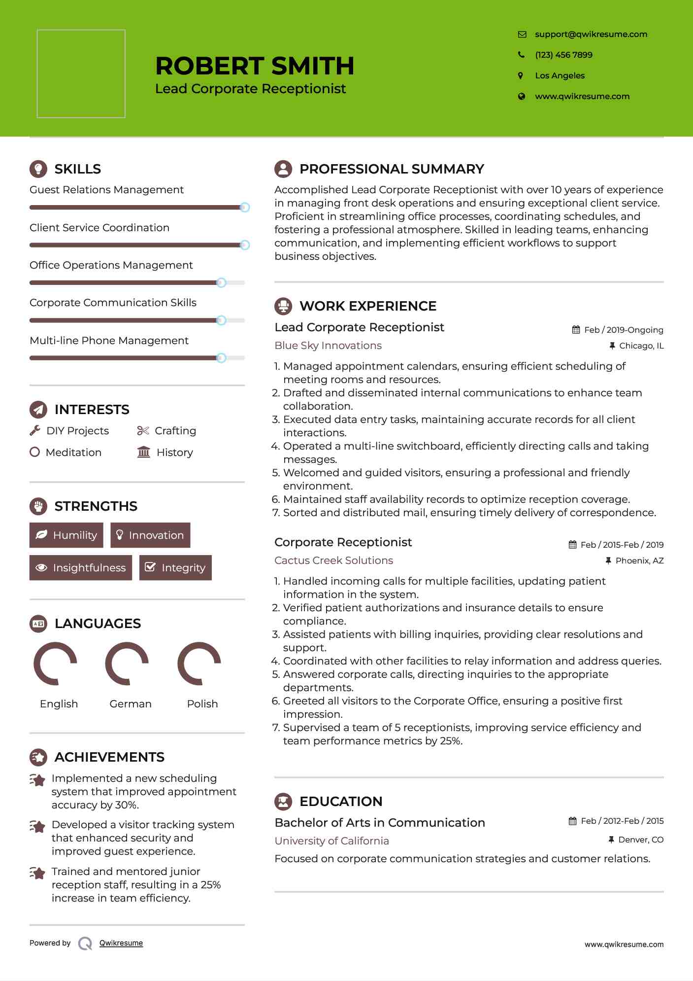 Lead Corporate Receptionist  Resume Format