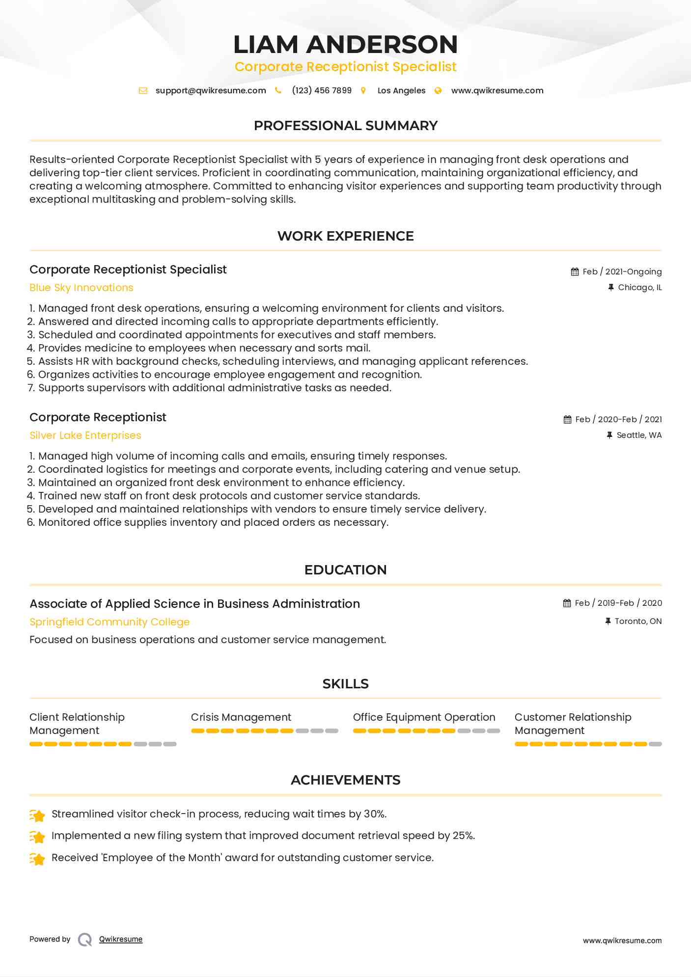 Corporate Receptionist Specialist Resume Model
