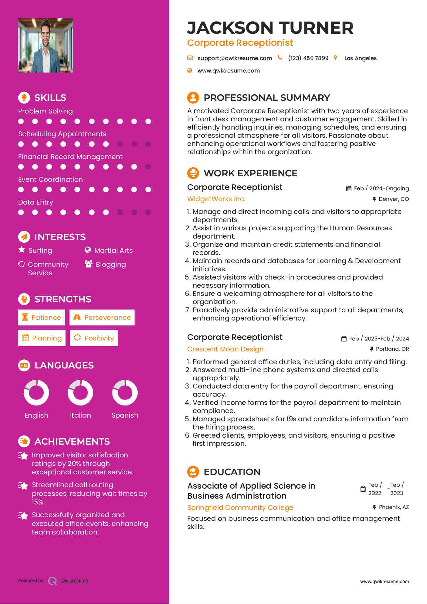 Corporate Receptionist Resume Example