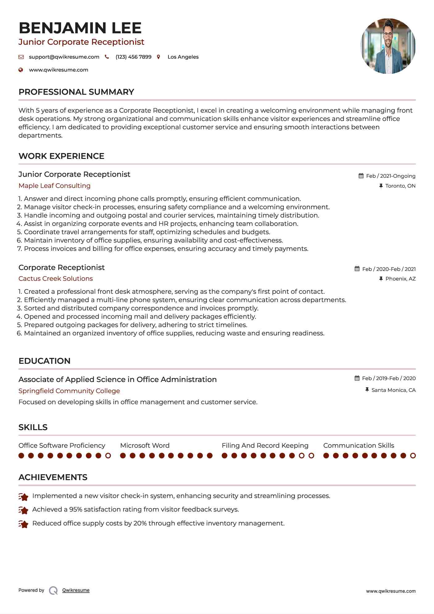 Junior Corporate Receptionist Resume Format