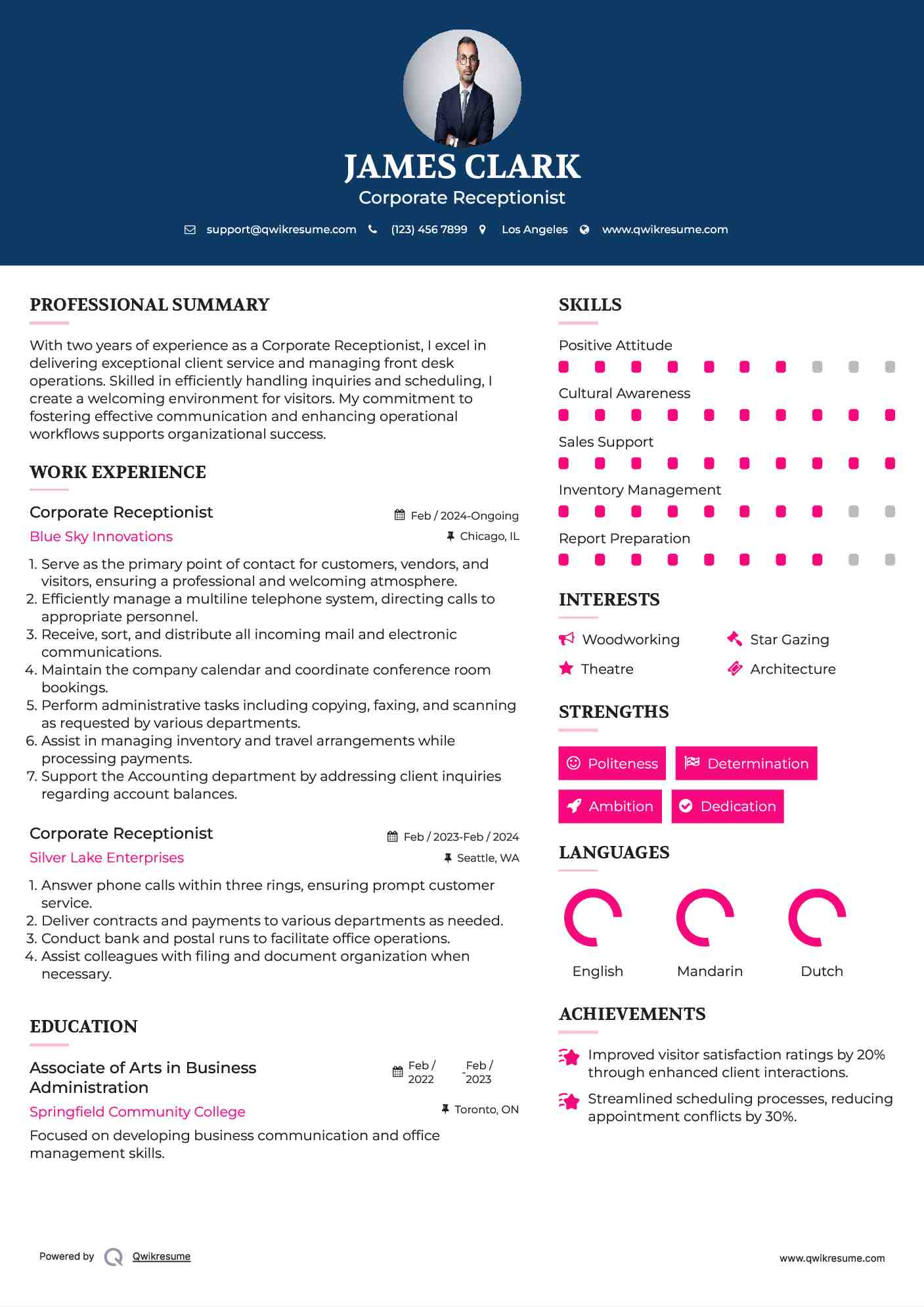 Corporate Receptionist Resume Example