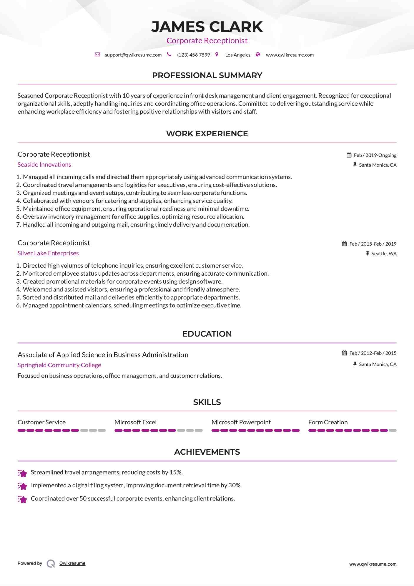 Corporate Receptionist Resume Sample