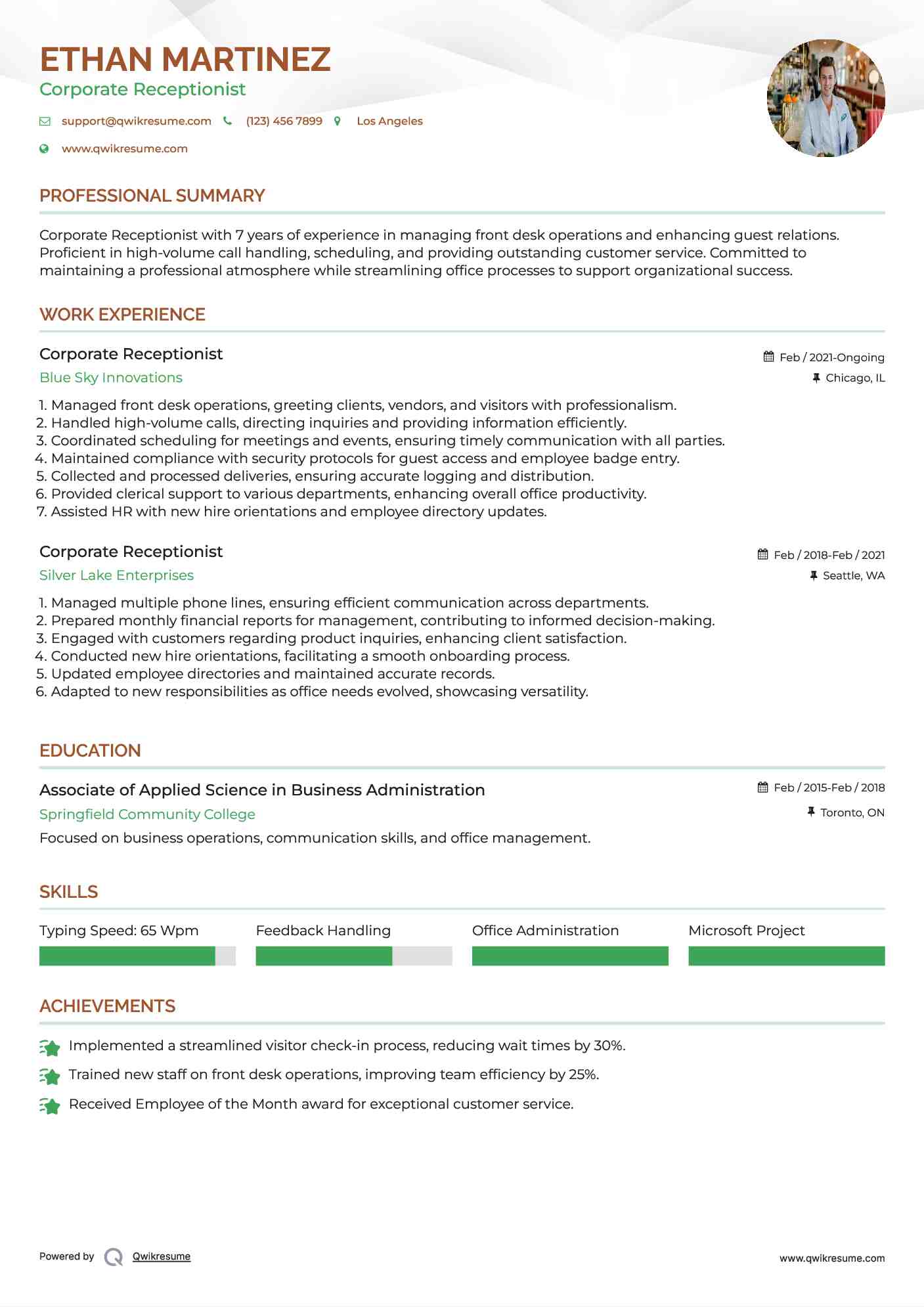 Corporate Receptionist Resume Format