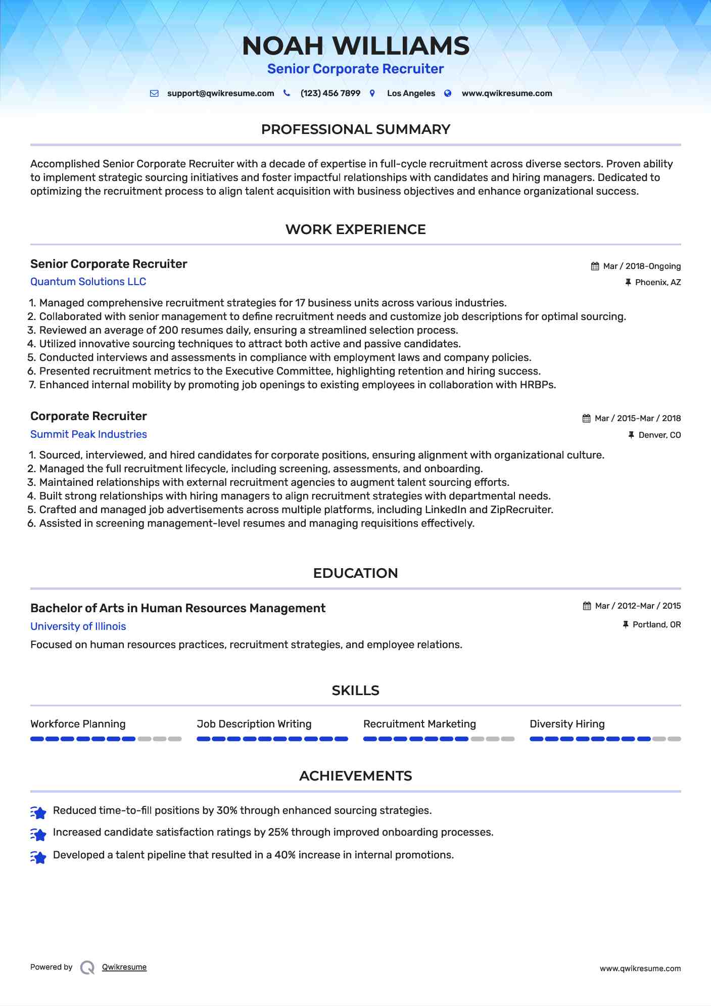 Senior Corporate Recruiter Resume Sample