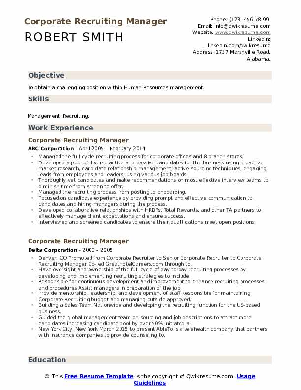 Corporate Recruiting Manager Resume Samples QwikResume