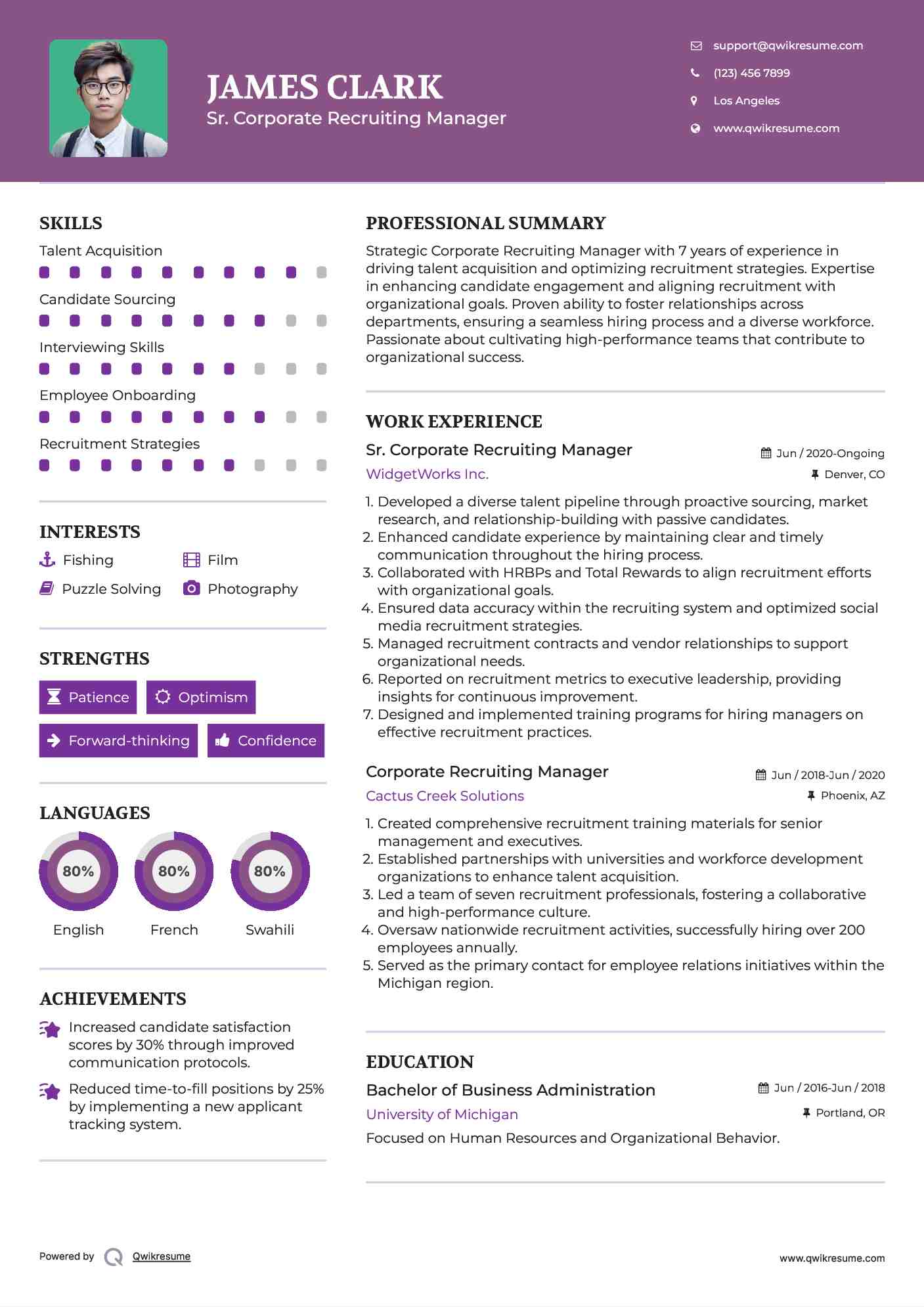 Sr. Corporate Recruiting Manager Resume Sample