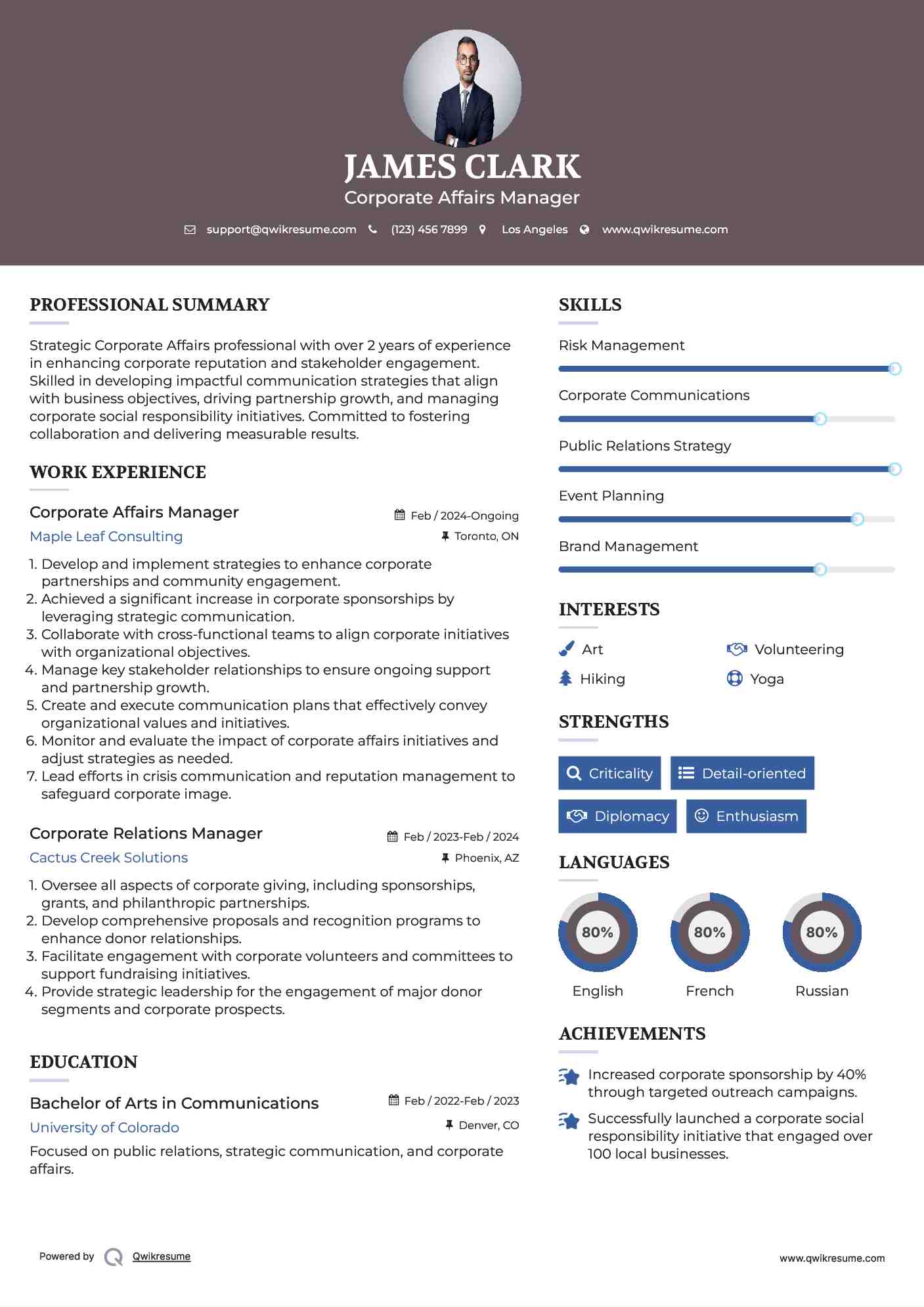 Corporate Affairs Manager
 Resume Example
