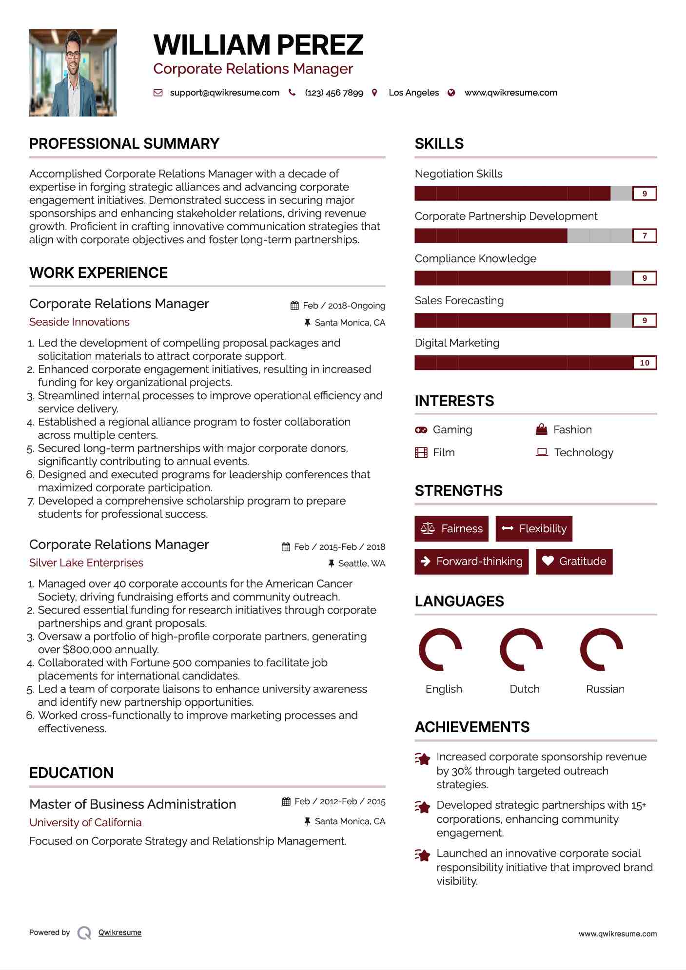 Corporate Relations Manager Resume Example