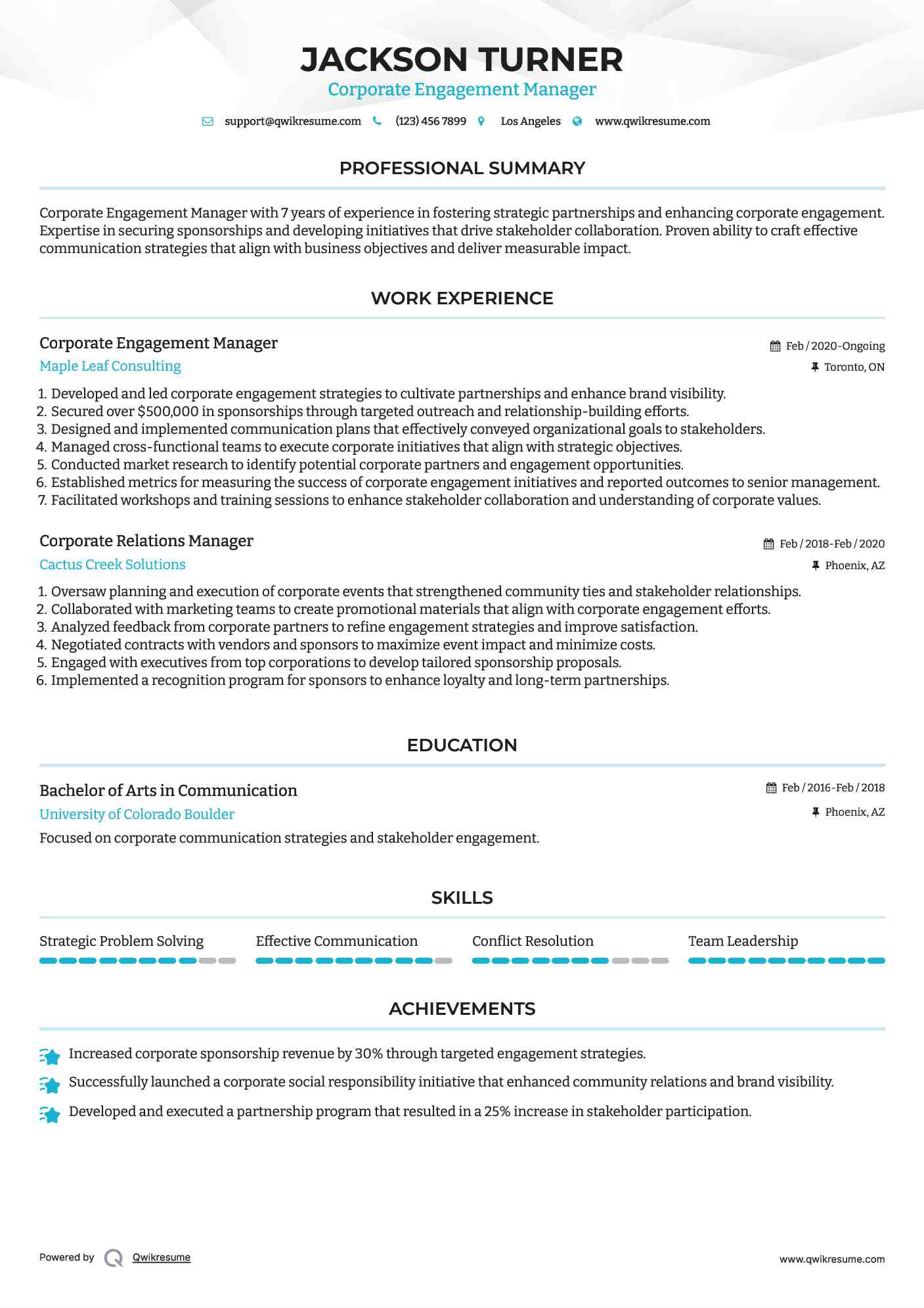 Corporate Engagement Manager
 Resume Sample