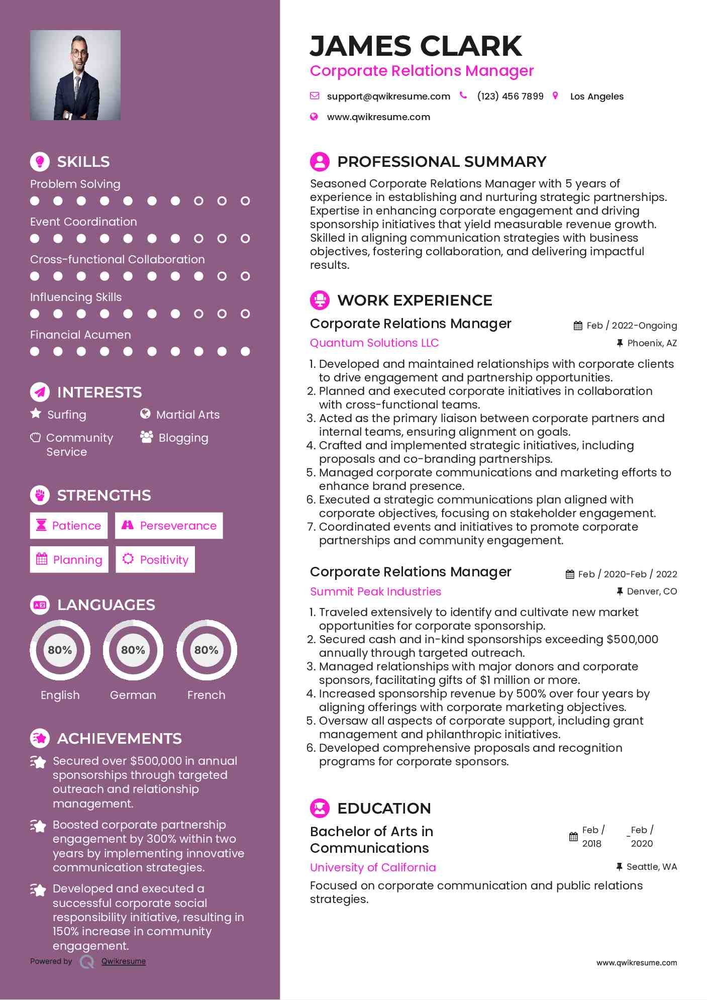 Corporate Relations Manager Resume Format