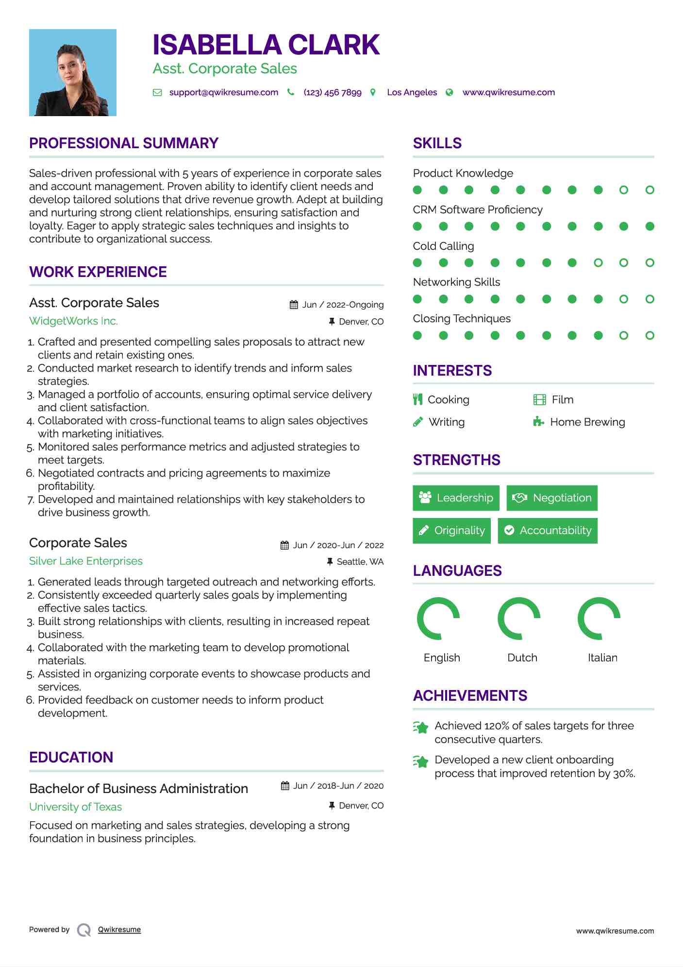 Asst. Corporate Sales Resume Sample