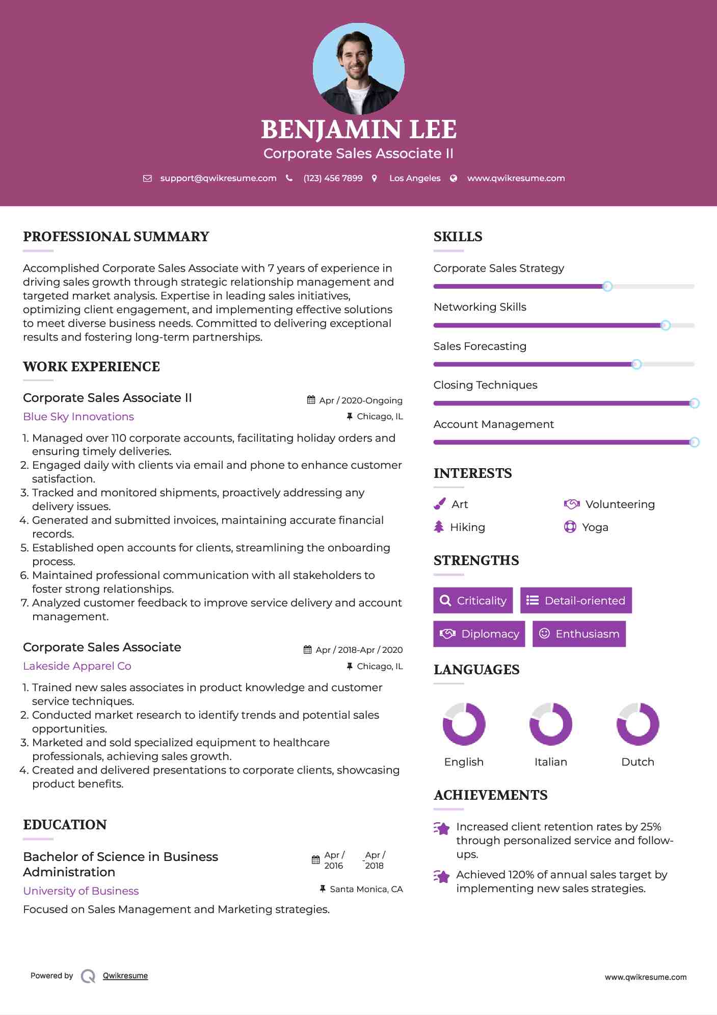 Corporate Sales Associate  II Resume Model