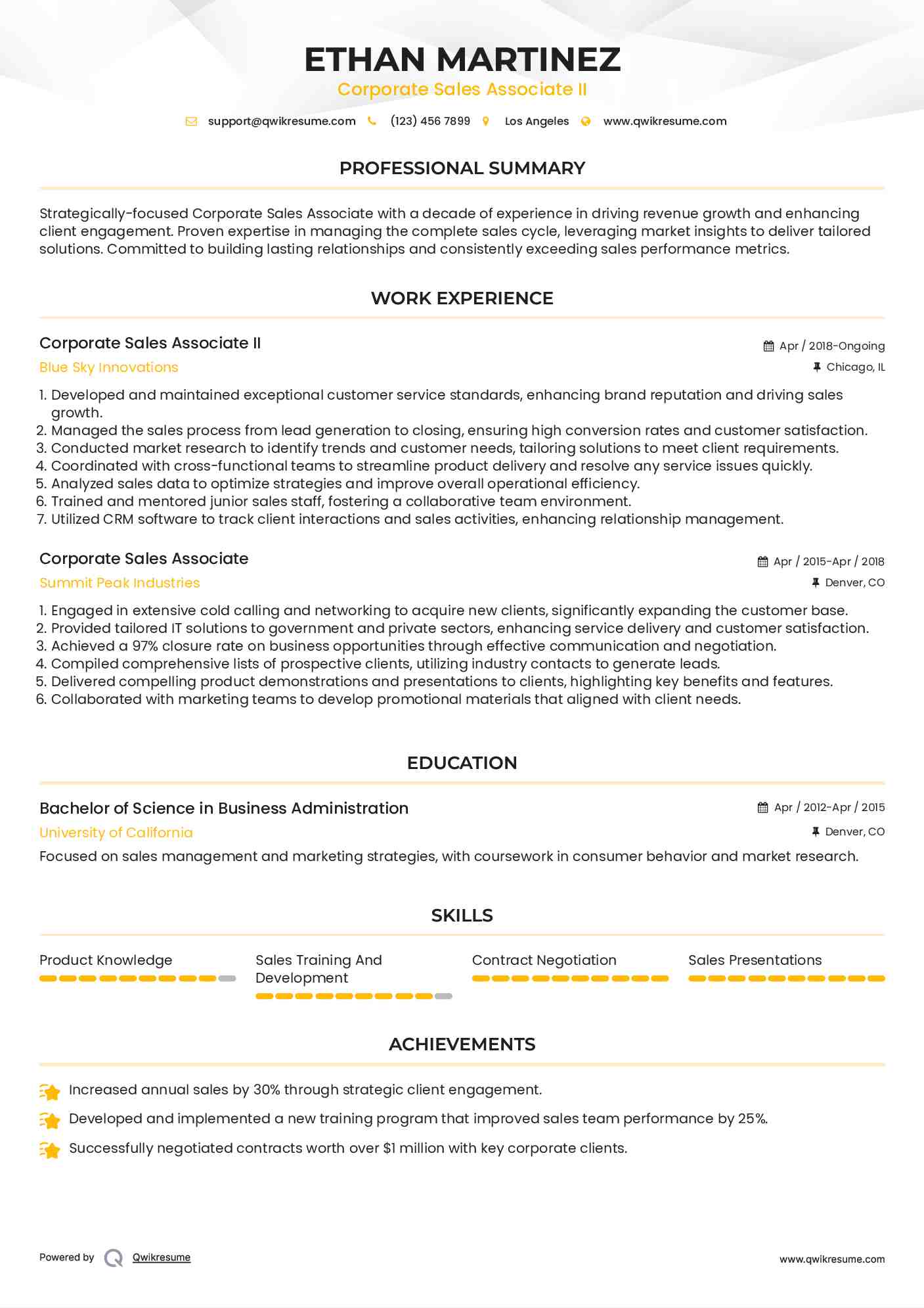 Corporate Sales Associate II Resume Sample