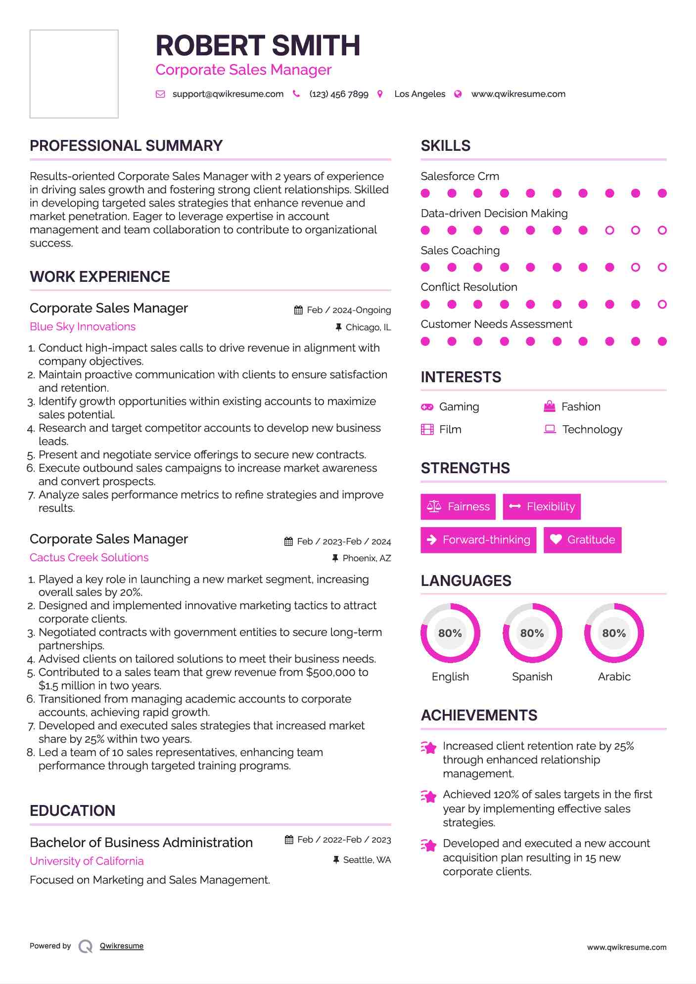 Corporate Sales Manager Resume Model