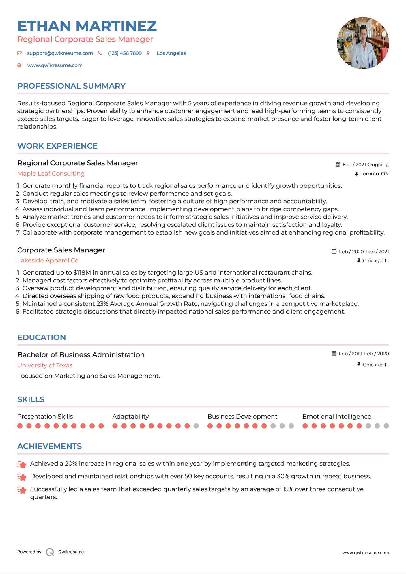 Regional Corporate Sales Manager
 Resume Format