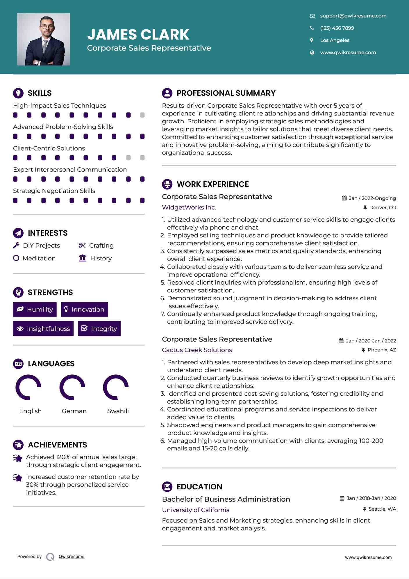 Corporate Sales Representative Resume Sample