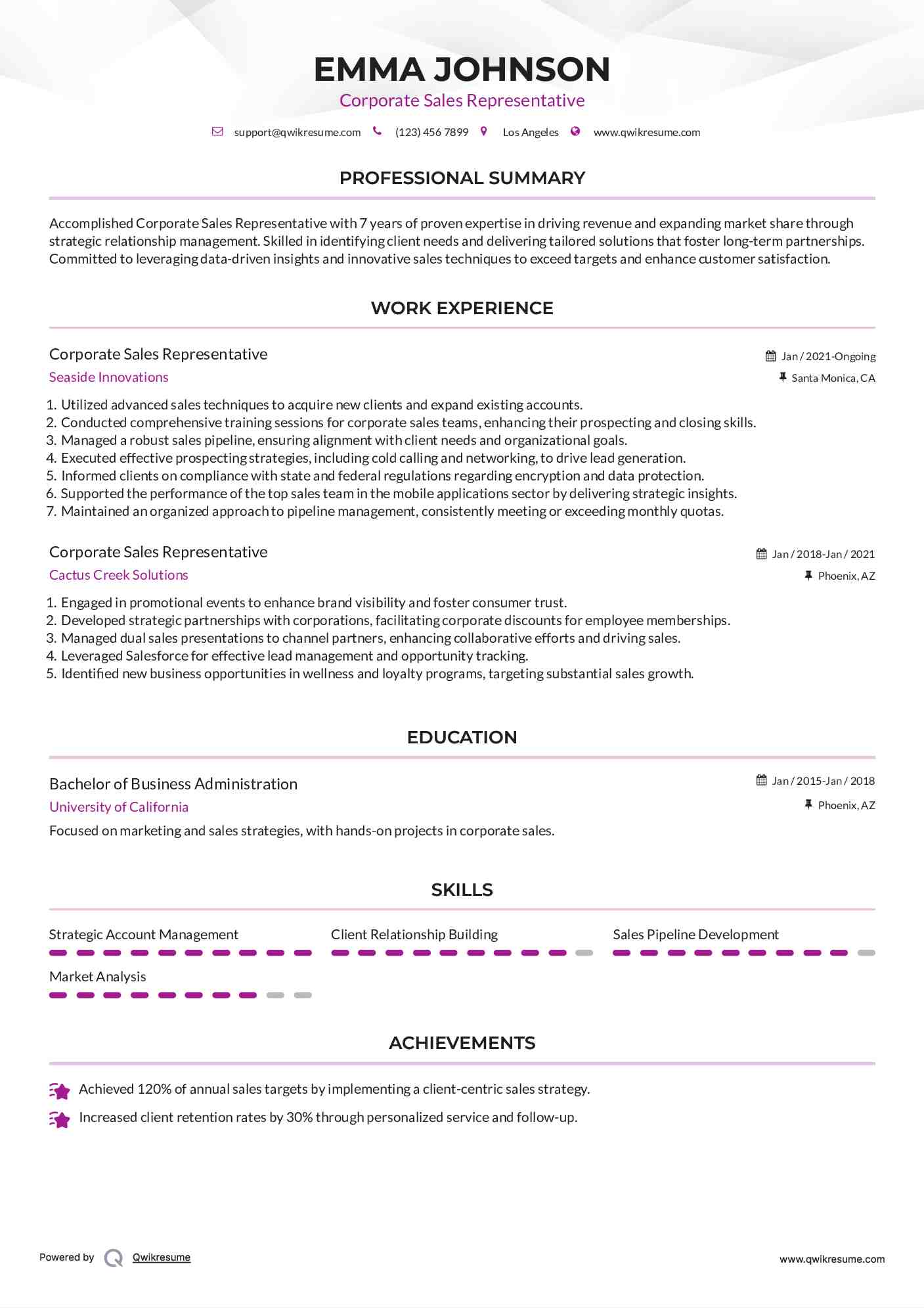 Corporate Sales Representative Resume Template