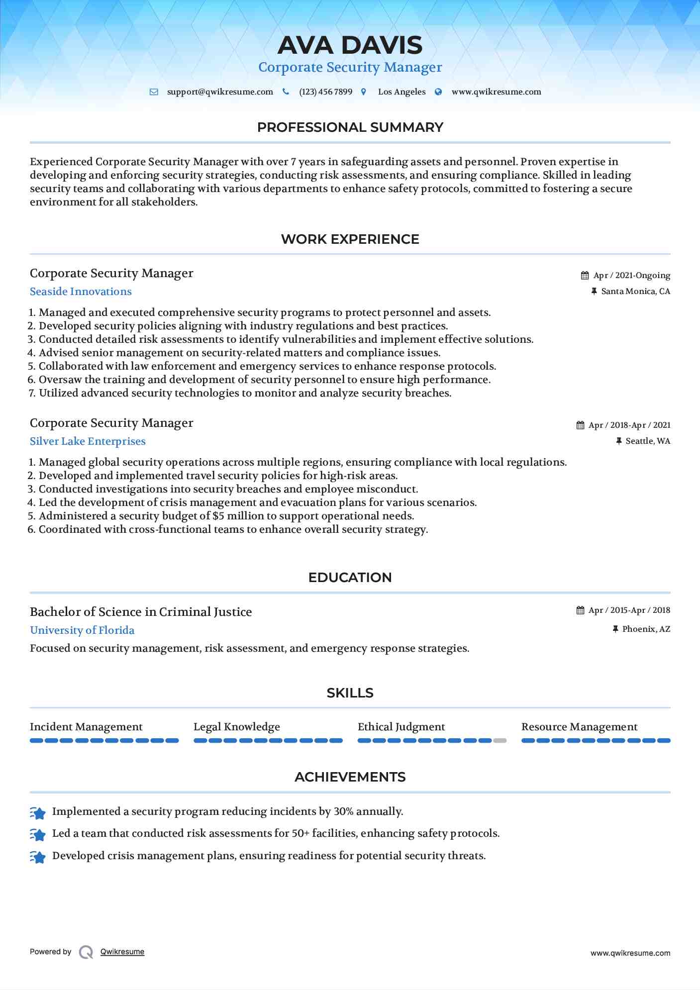 Corporate Security Manager Resume Example