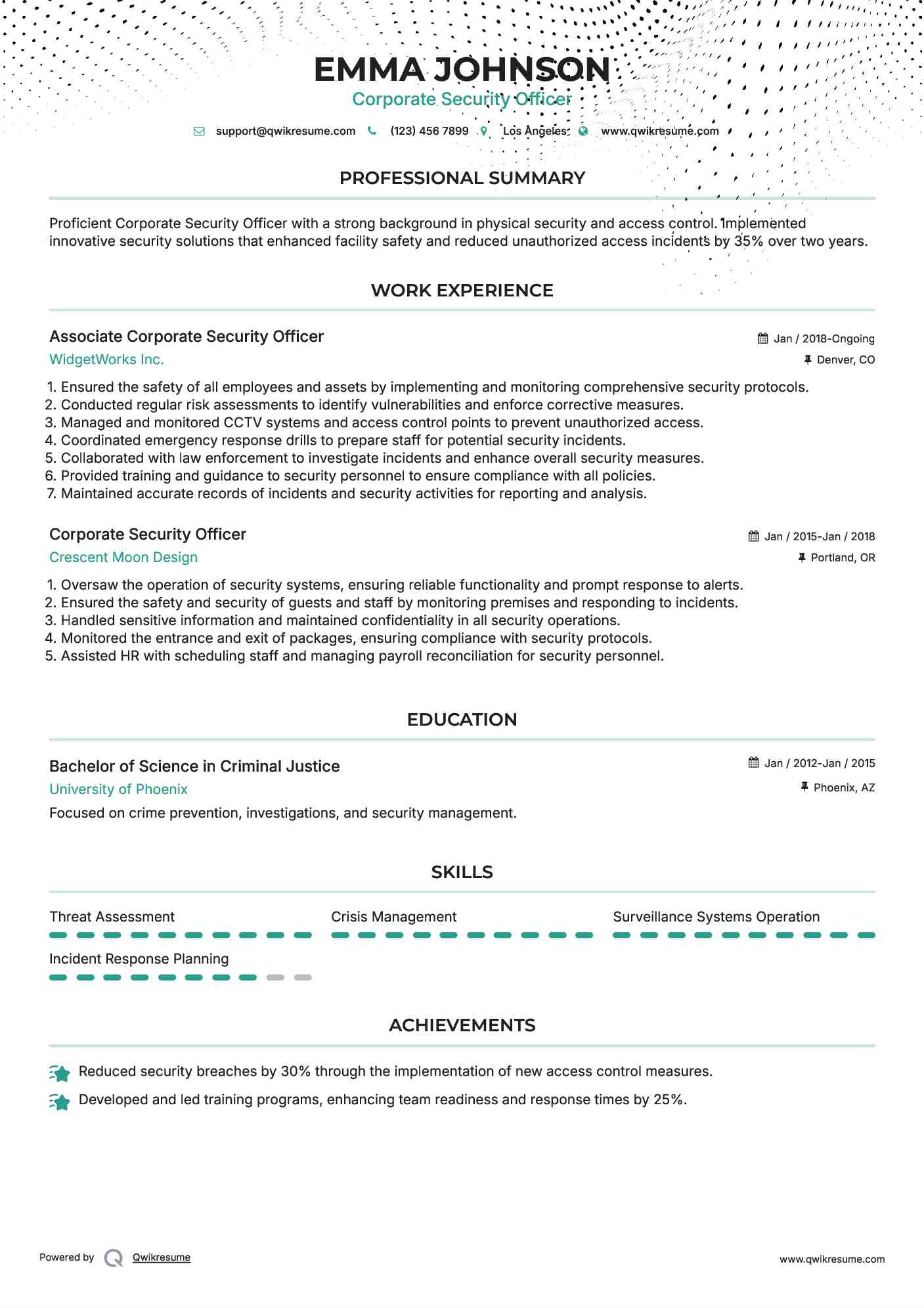 Associate Corporate Security Officer  Resume Example