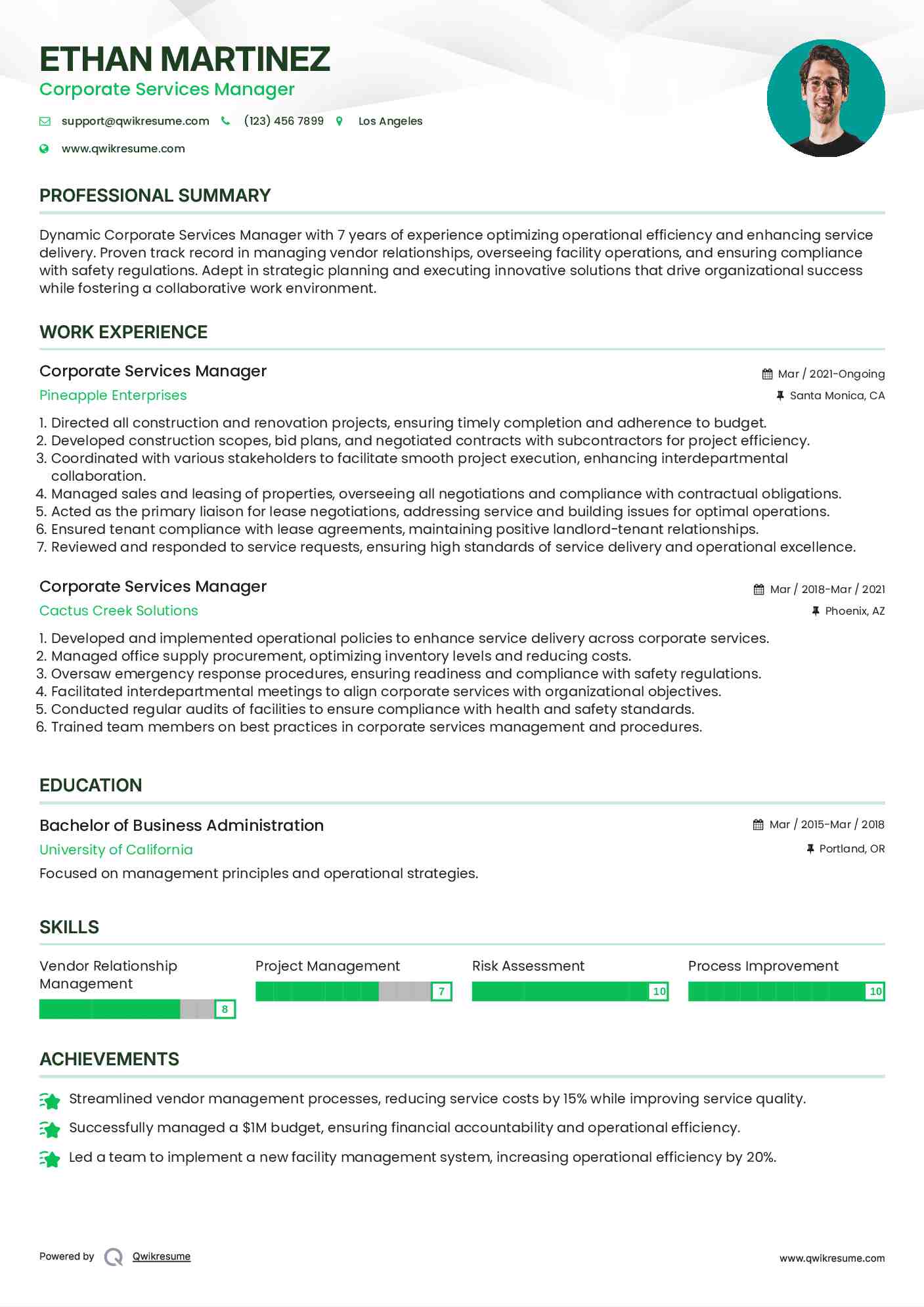 Corporate Services Manager Resume Model