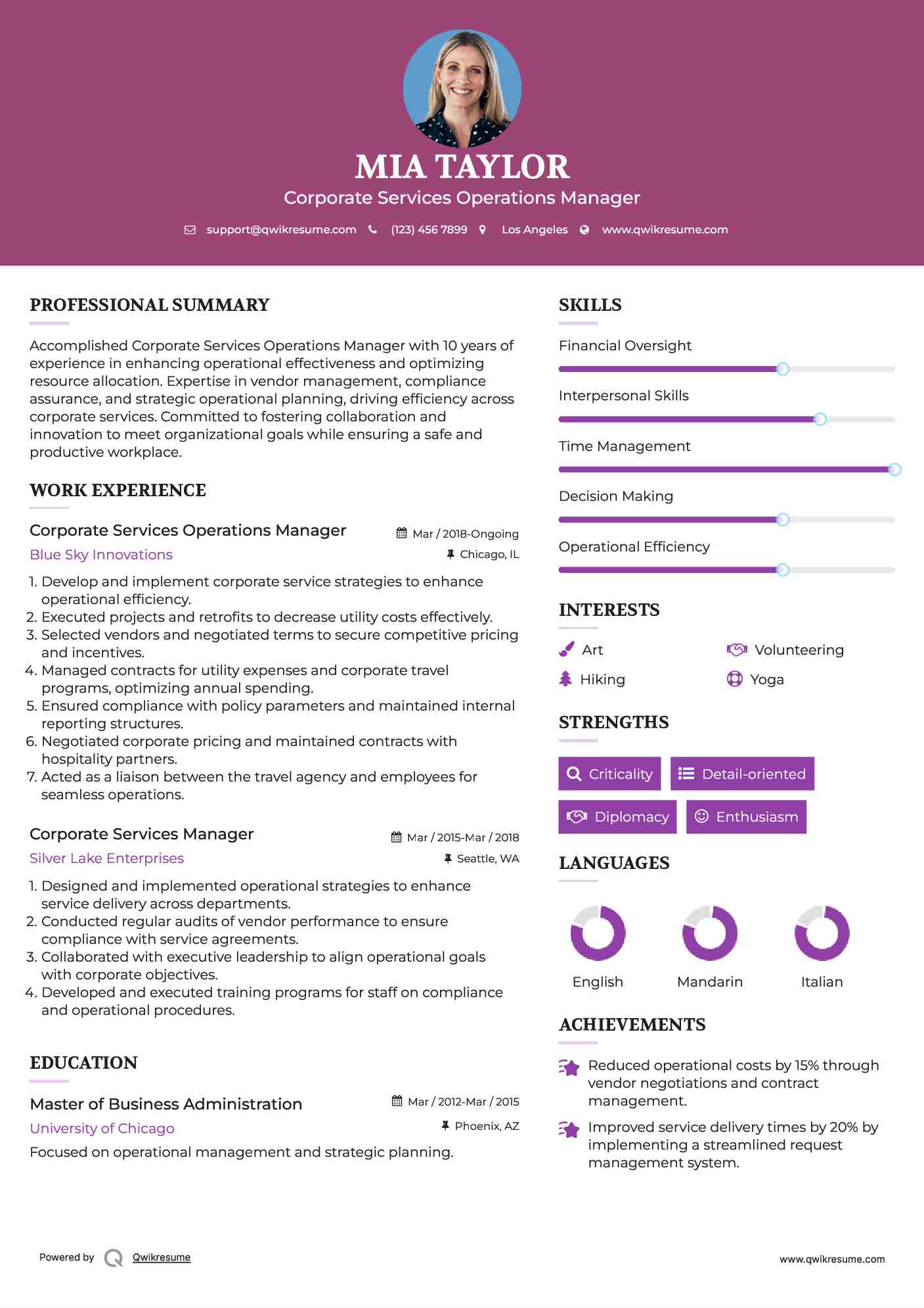 Corporate Services  Operations Manager Resume Format
