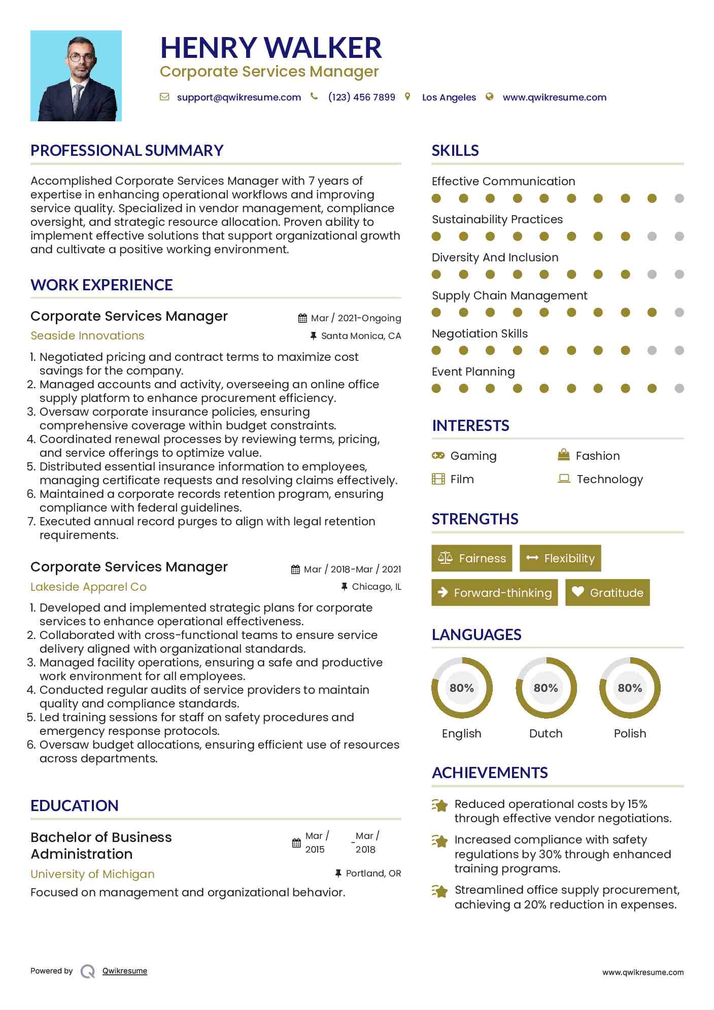 Corporate Services Manager Resume Model