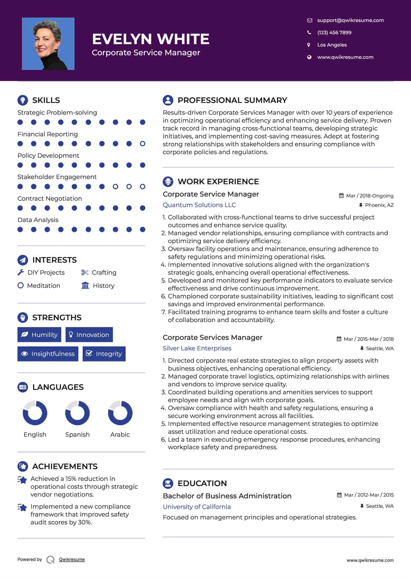 Corporate Service Manager  Resume Sample