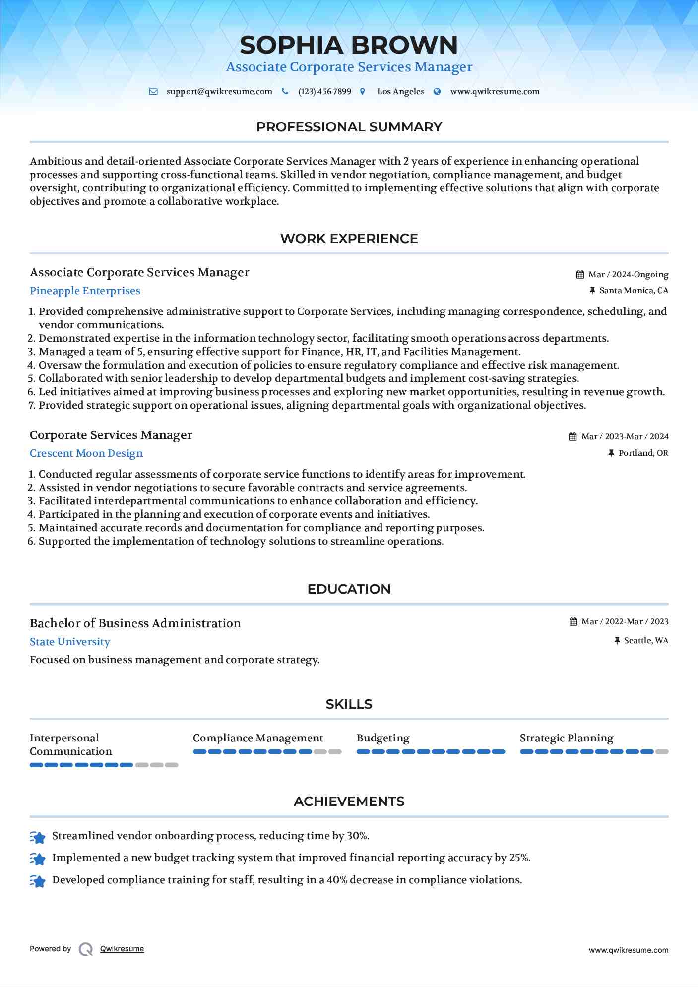 Associate Corporate Services Manager  Resume Model