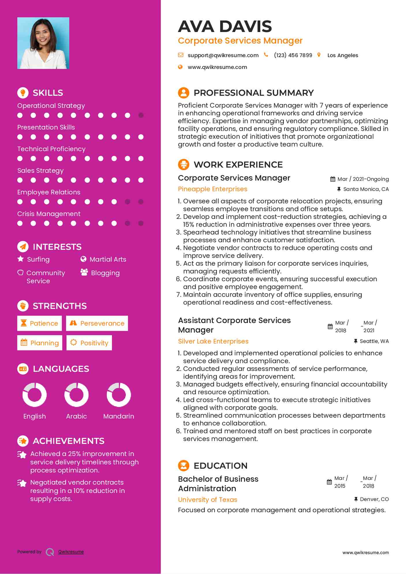 Corporate Services Manager Resume Format