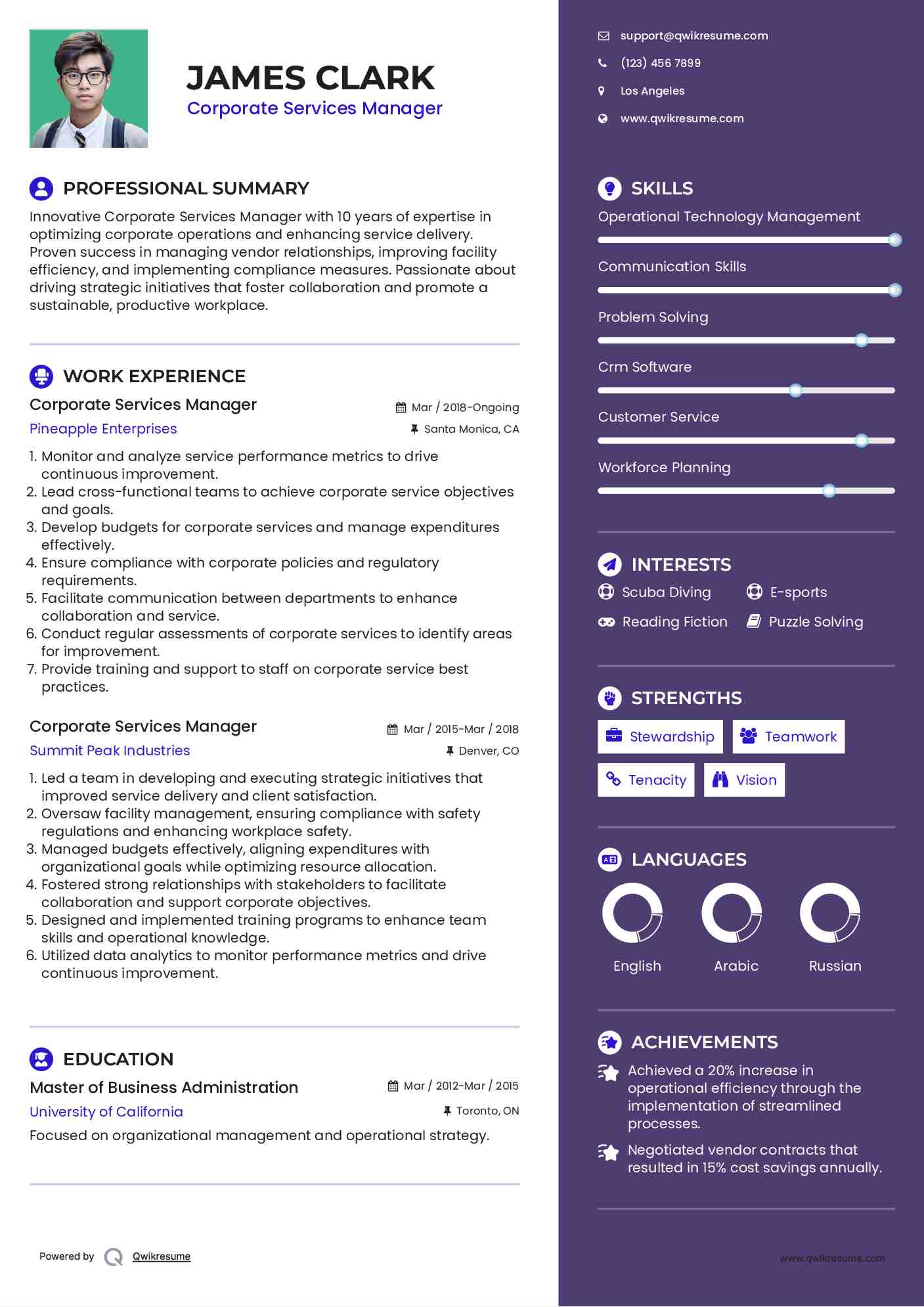 Corporate Services Manager Resume Template
