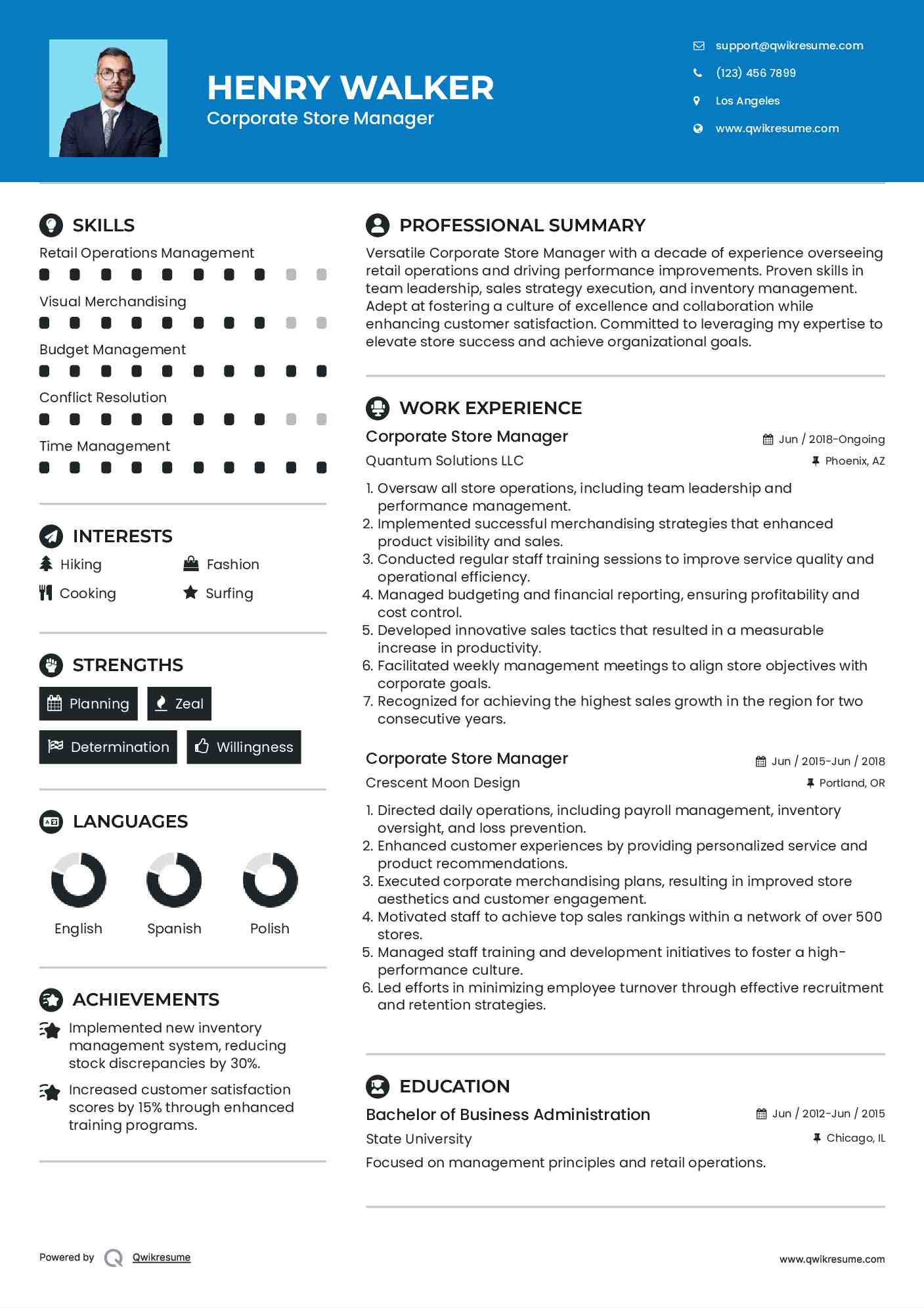 Corporate Store Manager Resume Model