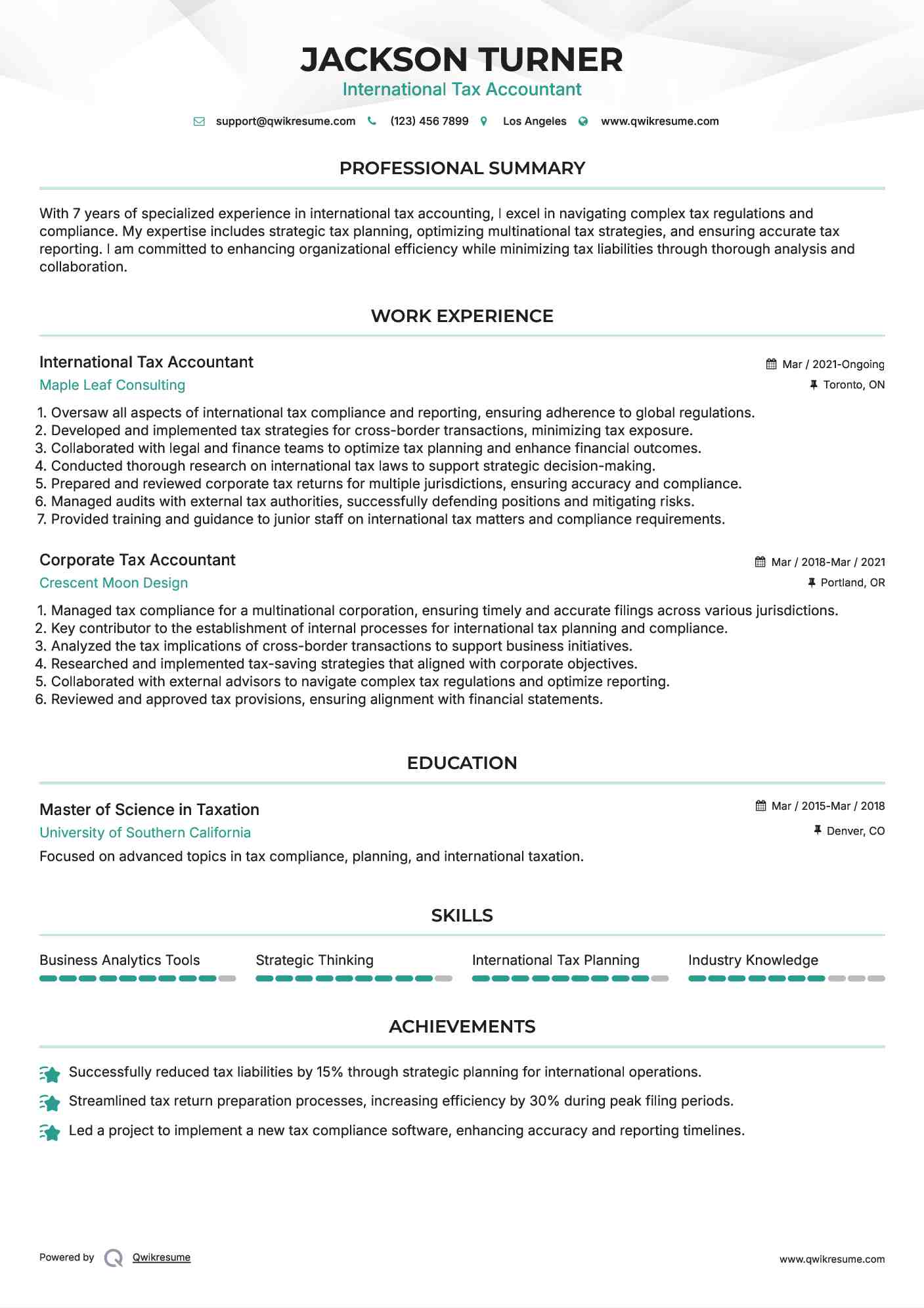 International Tax Accountant Resume Example