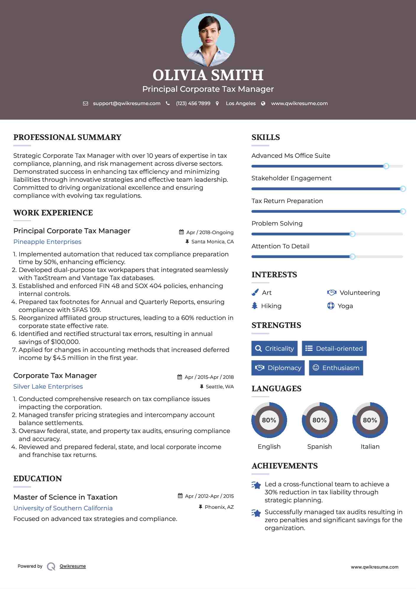 Principal Corporate Tax Manager
 Resume Sample