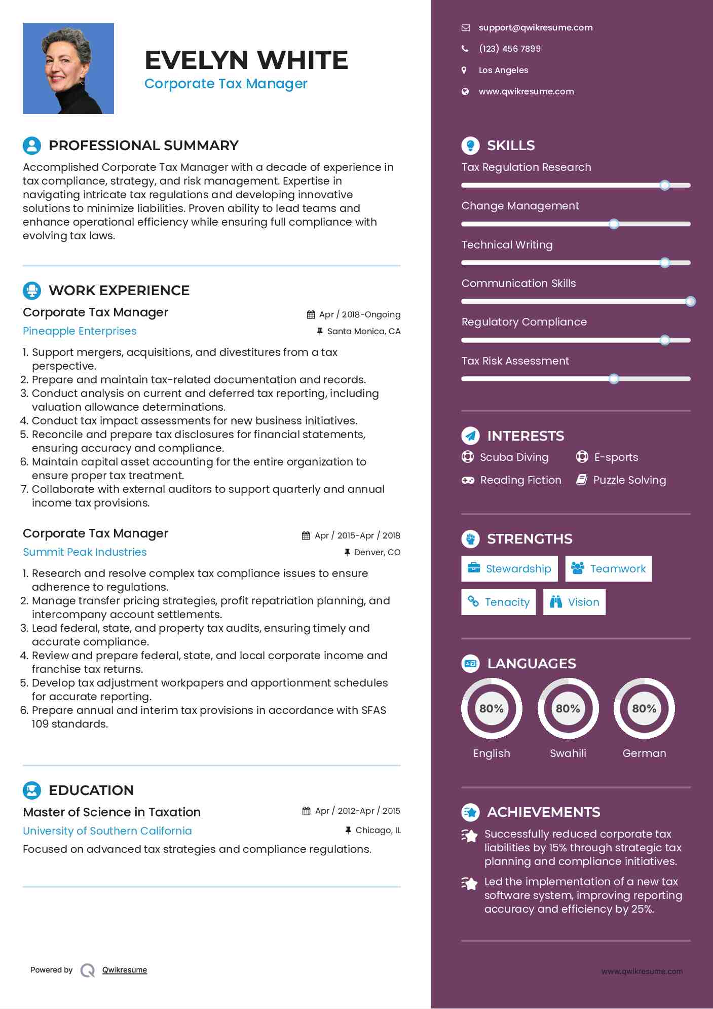 Corporate Tax Manager Resume Template