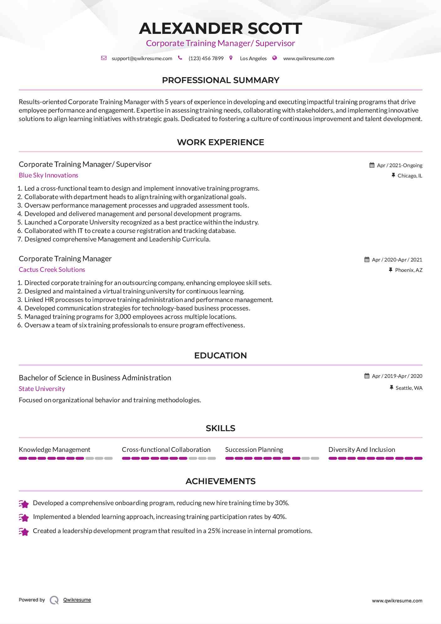Corporate Training Manager/ Supervisor Resume Example