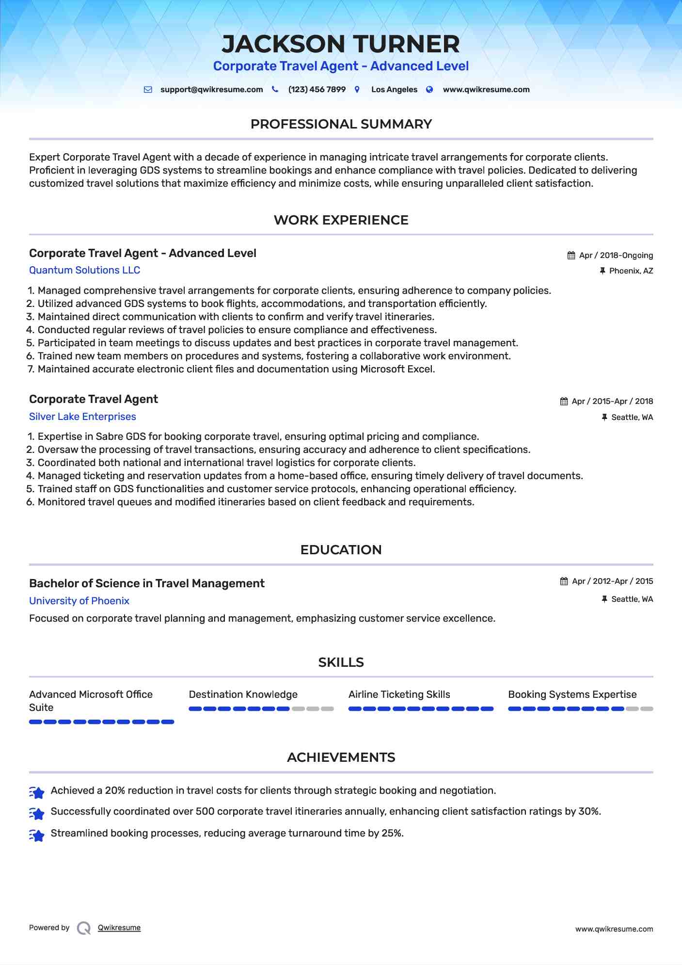 Corporate Travel Agent - Advanced Level Resume Template