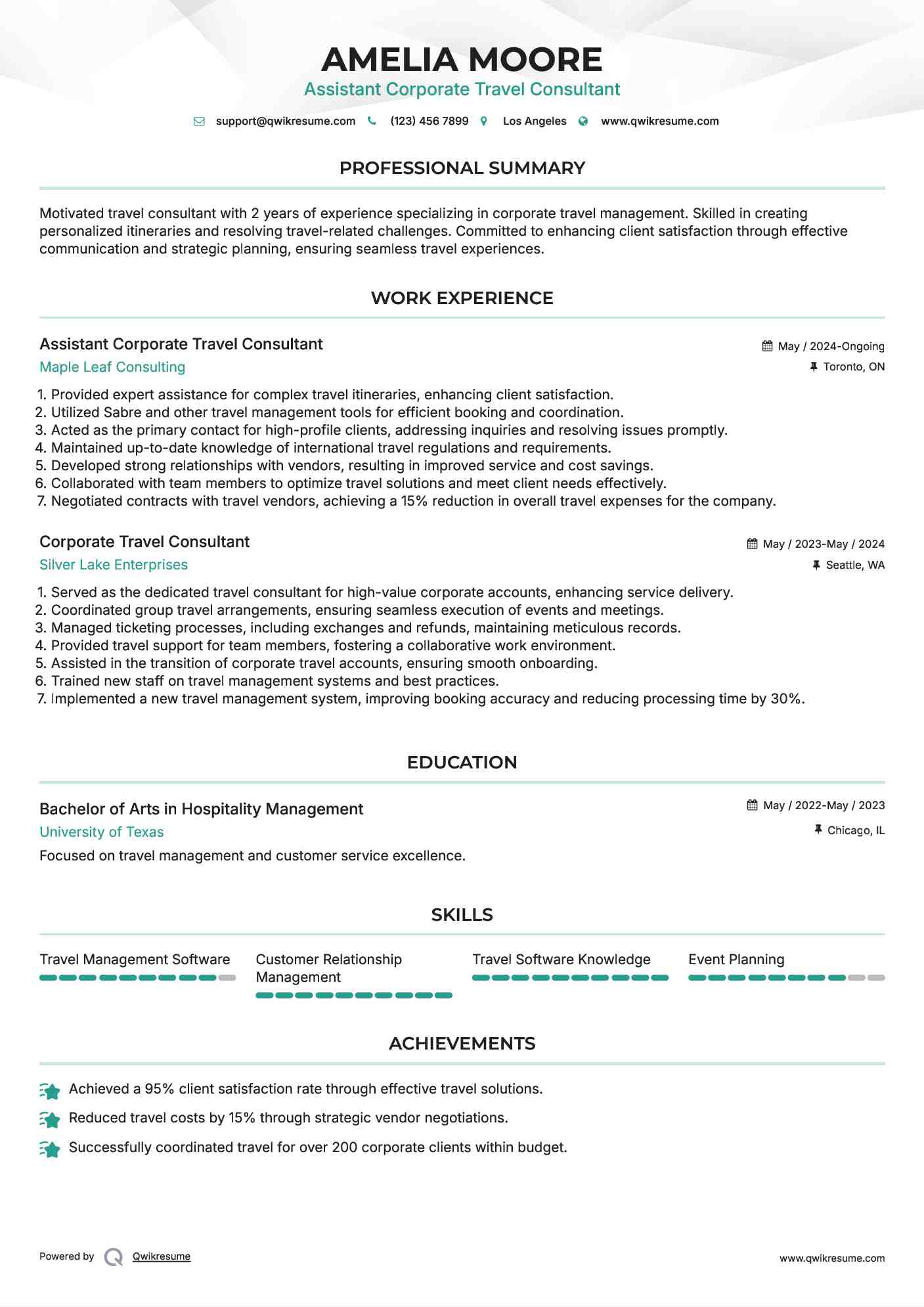 Assistant Corporate Travel Consultant  Resume Sample
