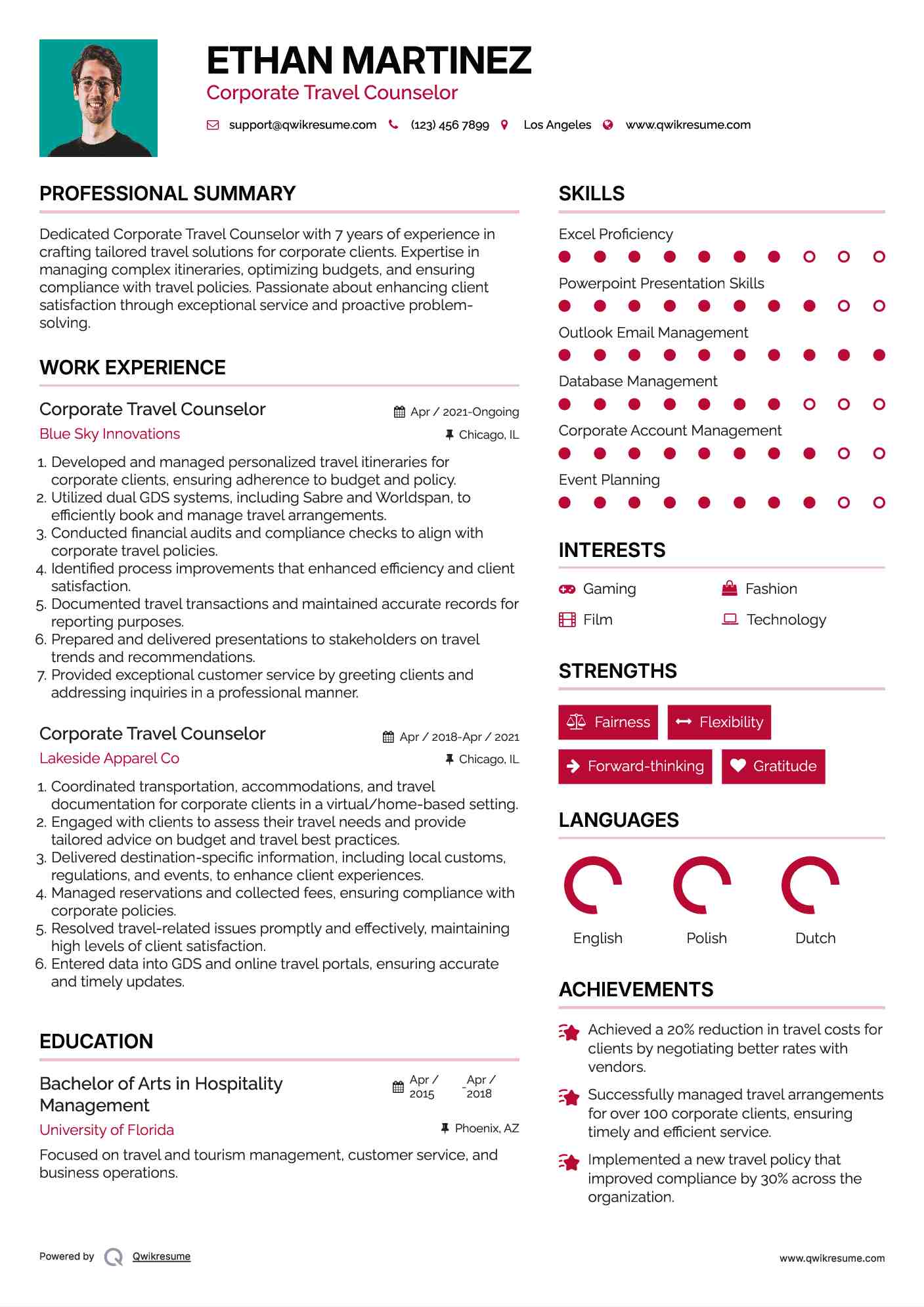 Corporate Travel Counselor Resume Format