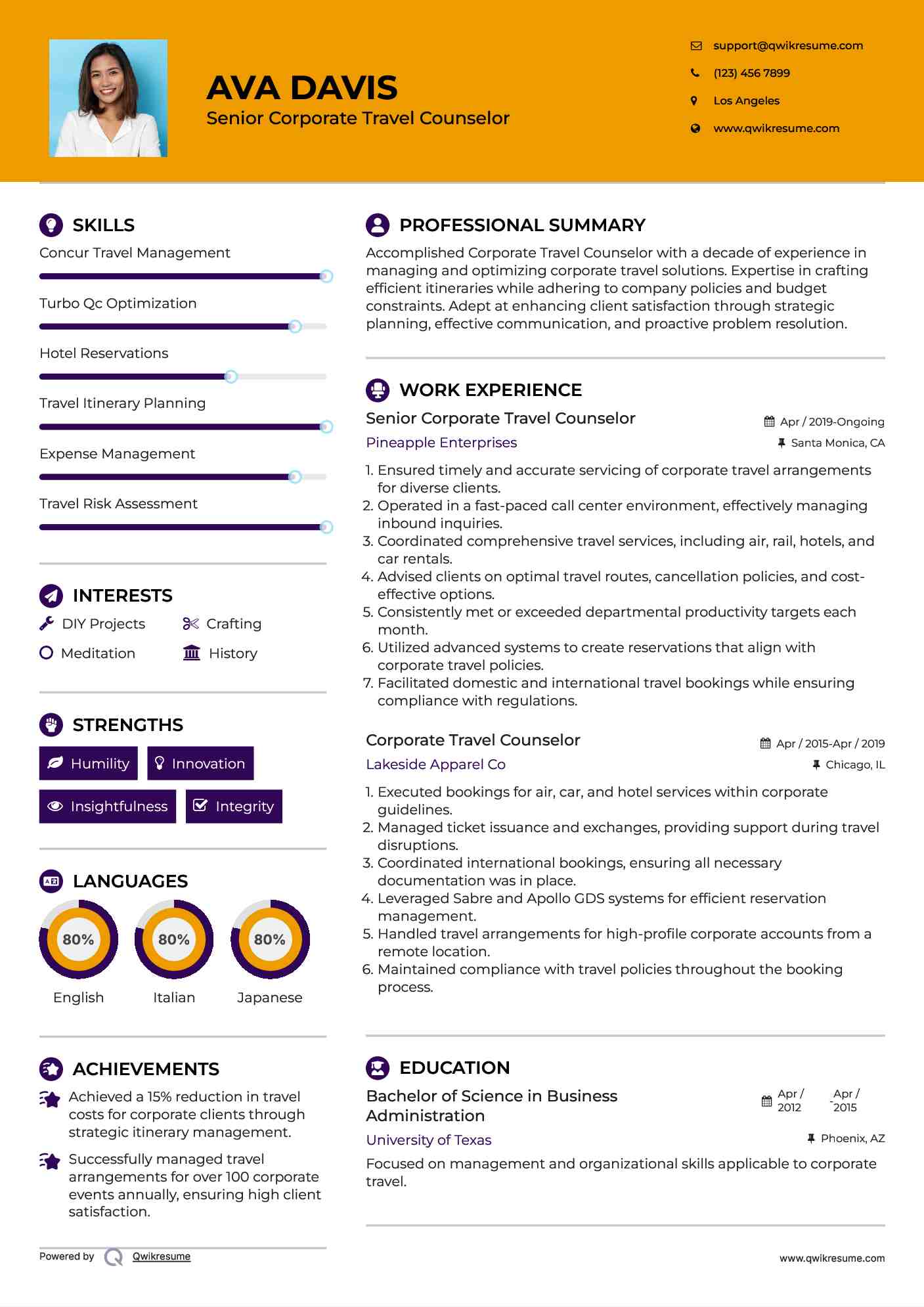 Senior Corporate Travel Counselor Resume Template